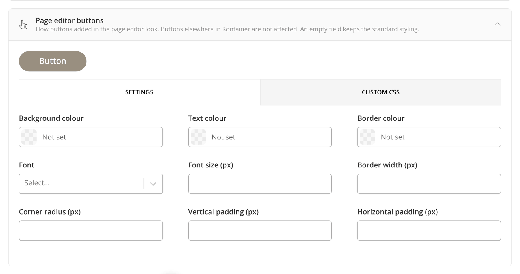 La sección Page editor buttons en Settings ></picture> Appearance > Design de Kontainer, con una vista previa del botón, las pestañas Settings y Custom CSS y campos para el color de fondo, el color del texto, el color del borde, la fuente, el tamaño de fuente, el grosor del borde, el radio de las esquinas y el relleno.