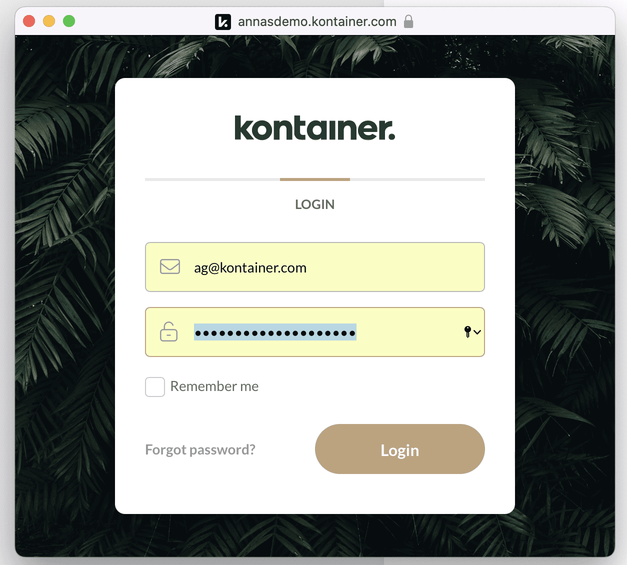 Kontainer login page