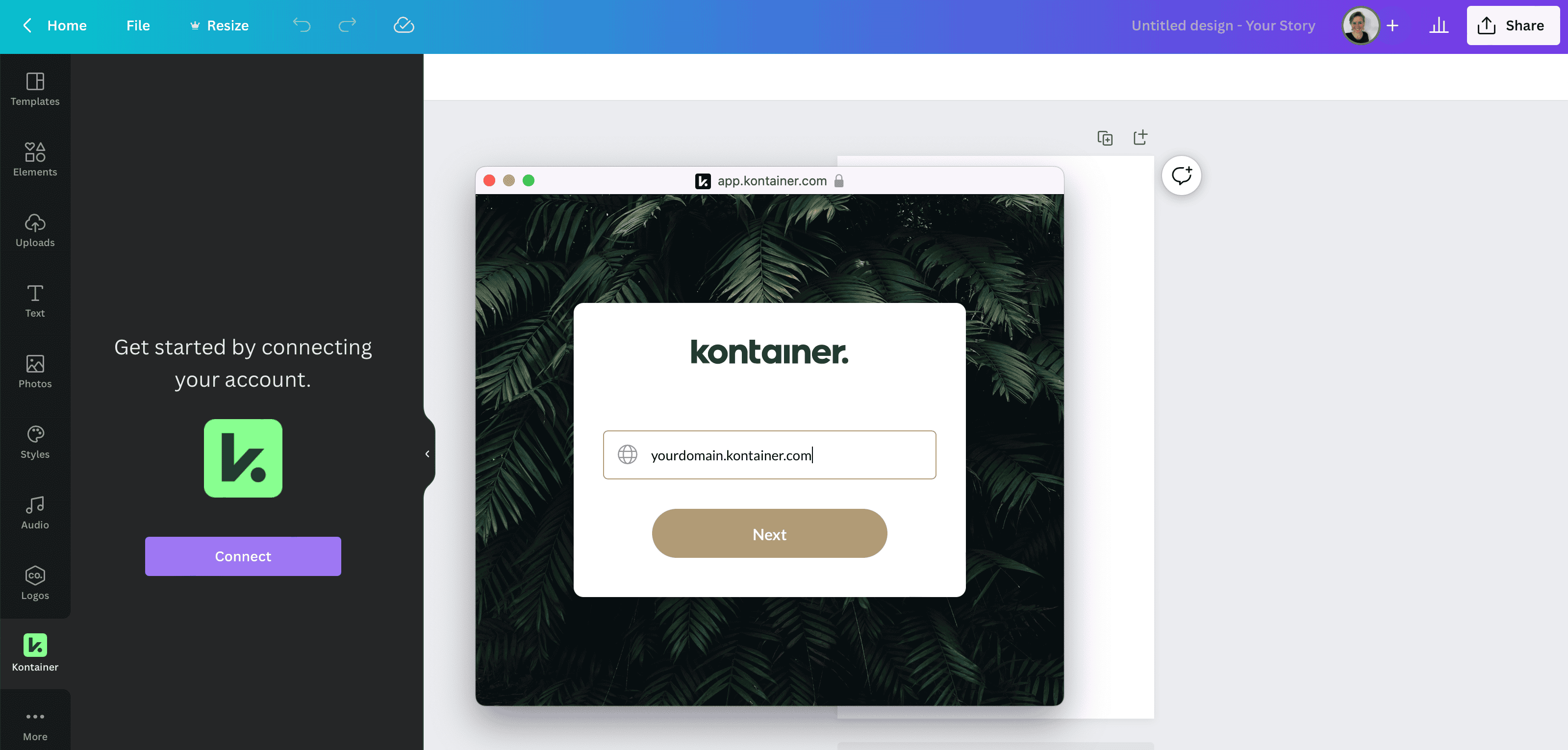 Kontainer plugin in Canva. Connect account
