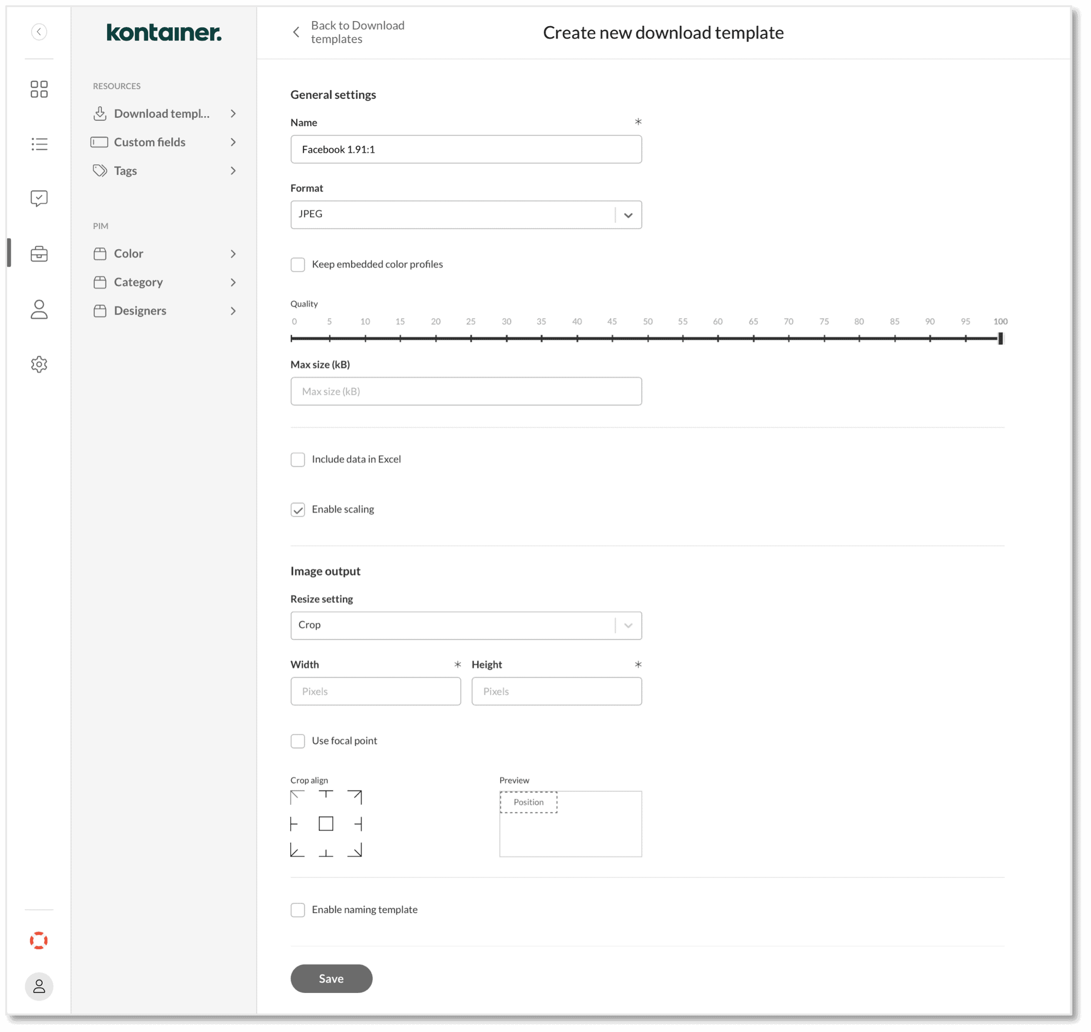 Create New Download Template Form in Kontainer