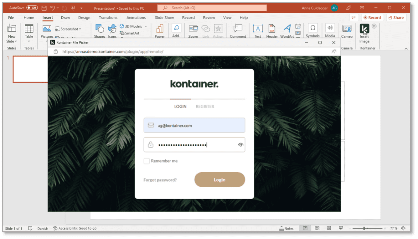 Logging in to Kontainer through PowerPoint plugin