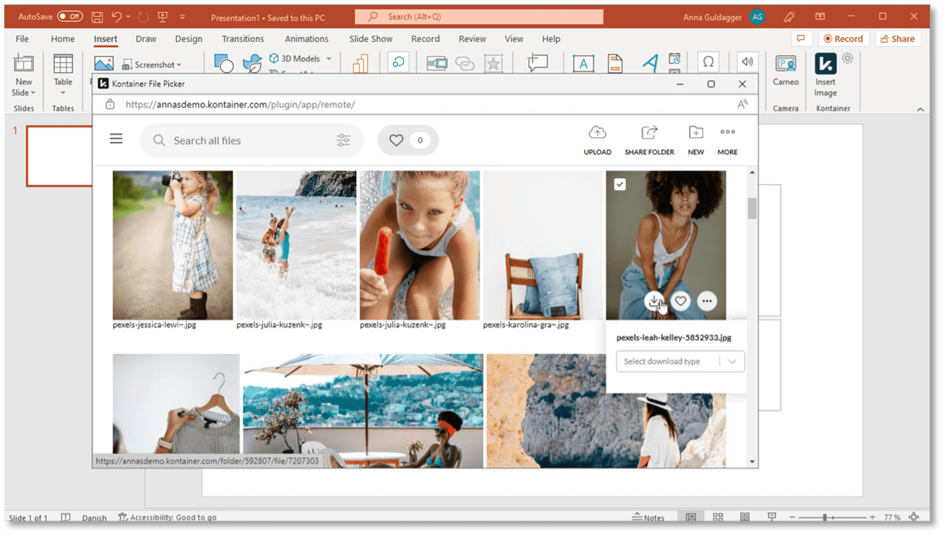 Kontainer opened from PowerPoint plugin