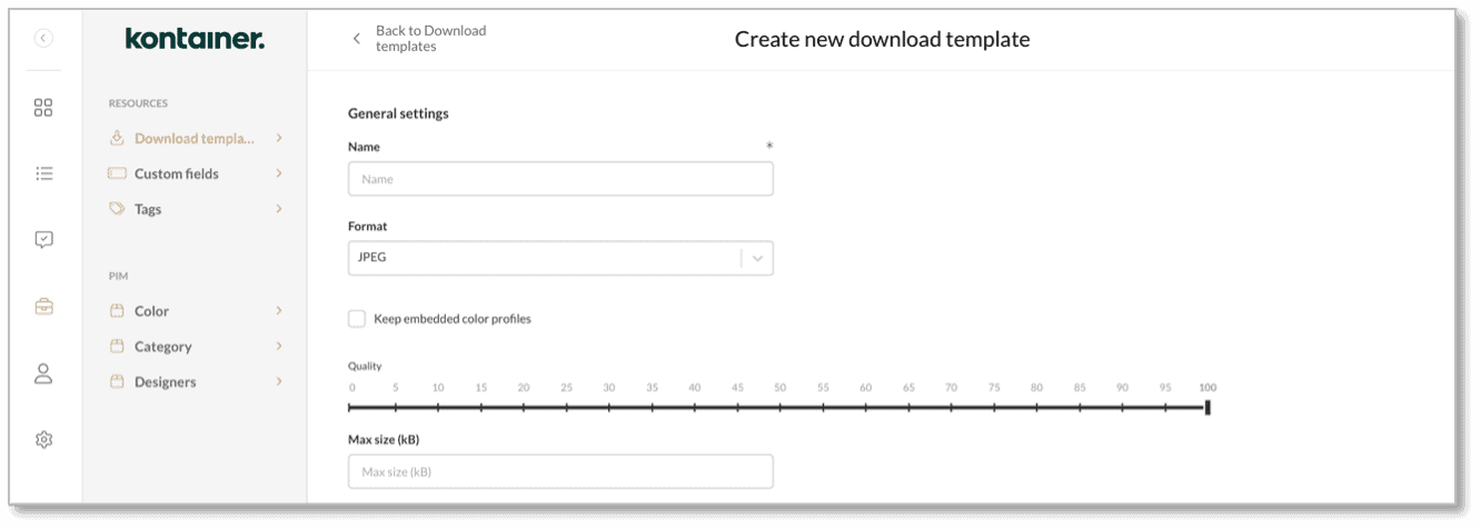 Create new download template in Kontainer