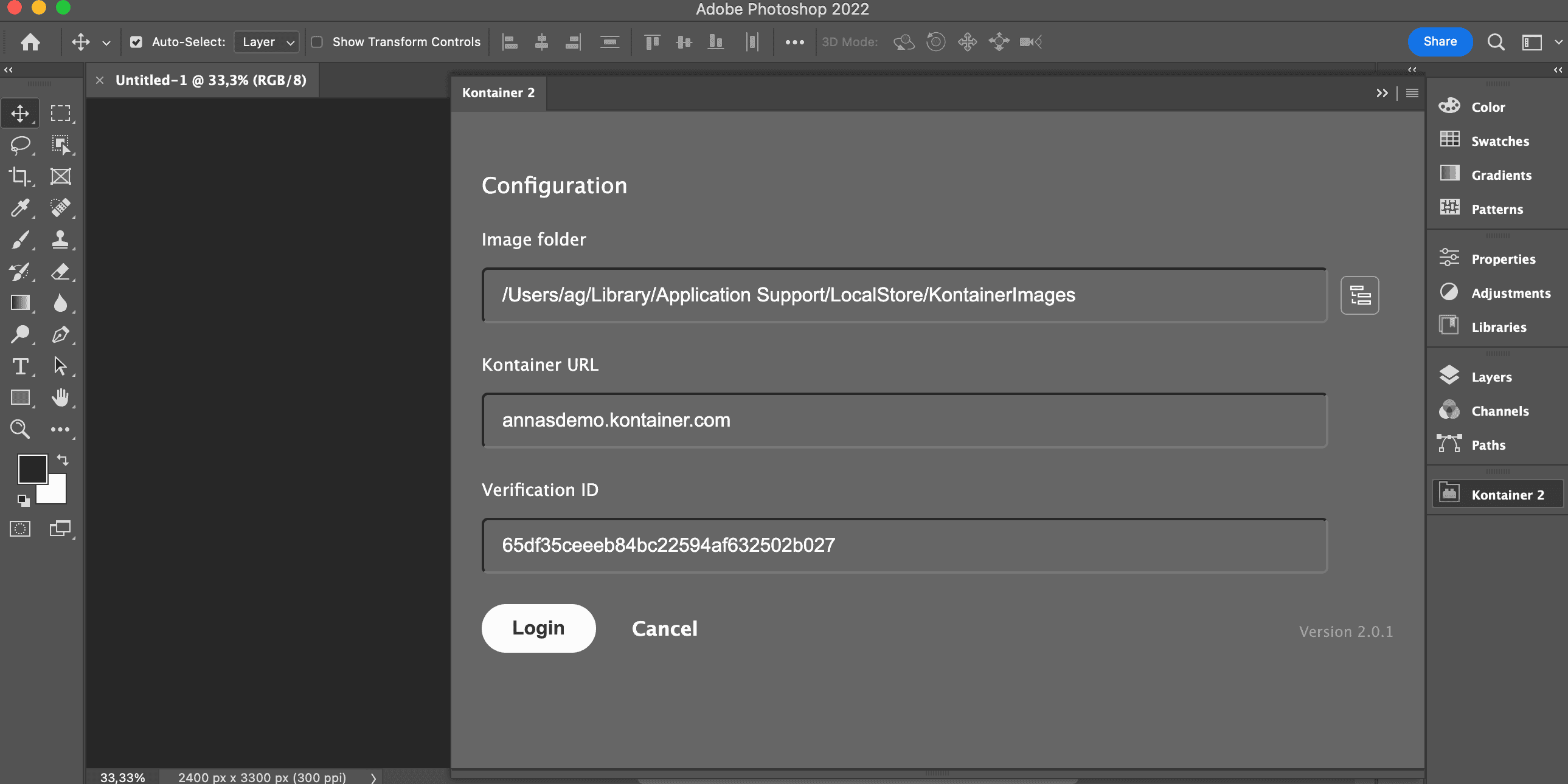 Configuring Kontainer connection in Photoshop