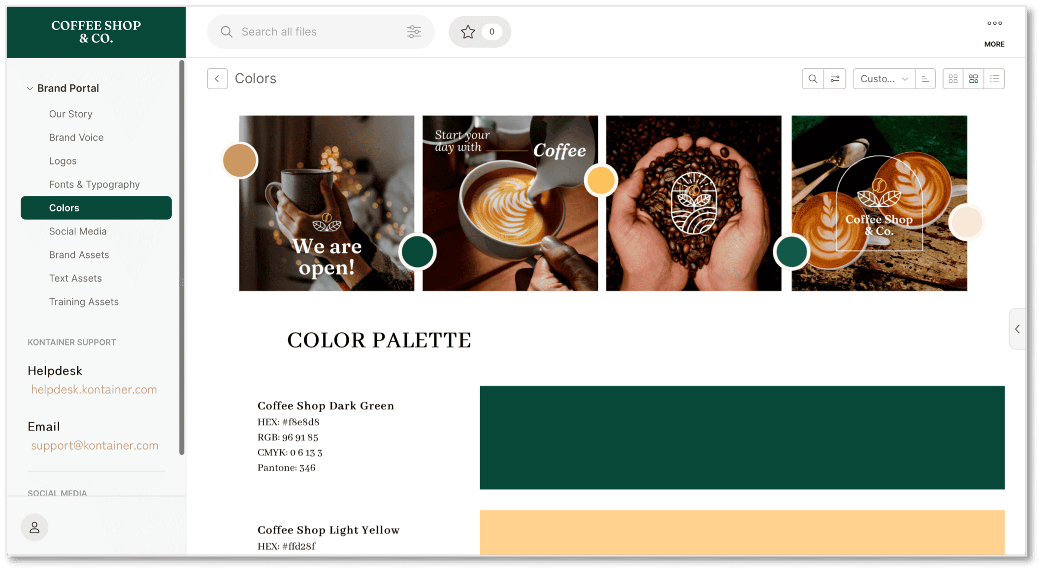 Example of Brand Guide set up in Kontainer, Color Section