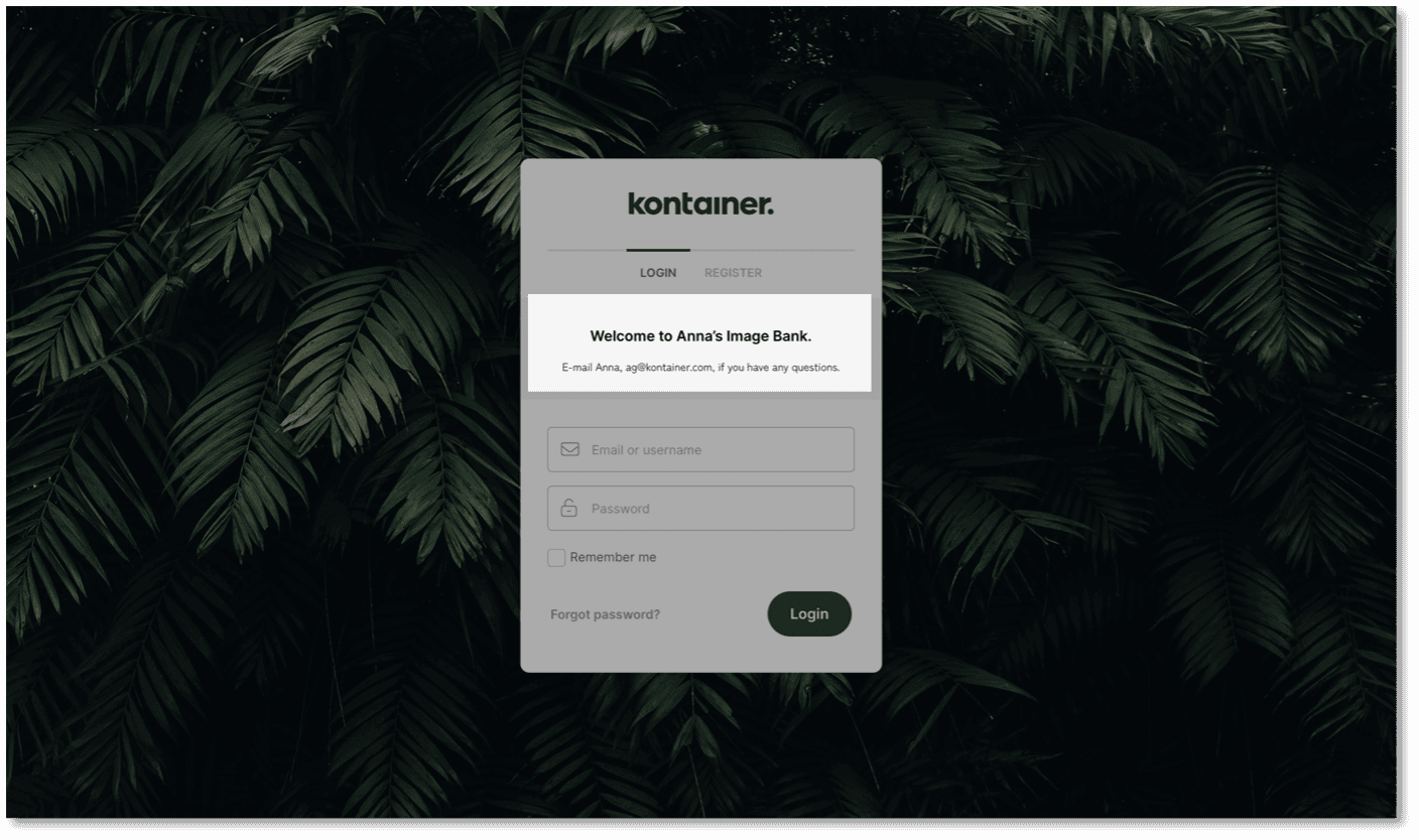 Welcome Text on Kontainer Login Page