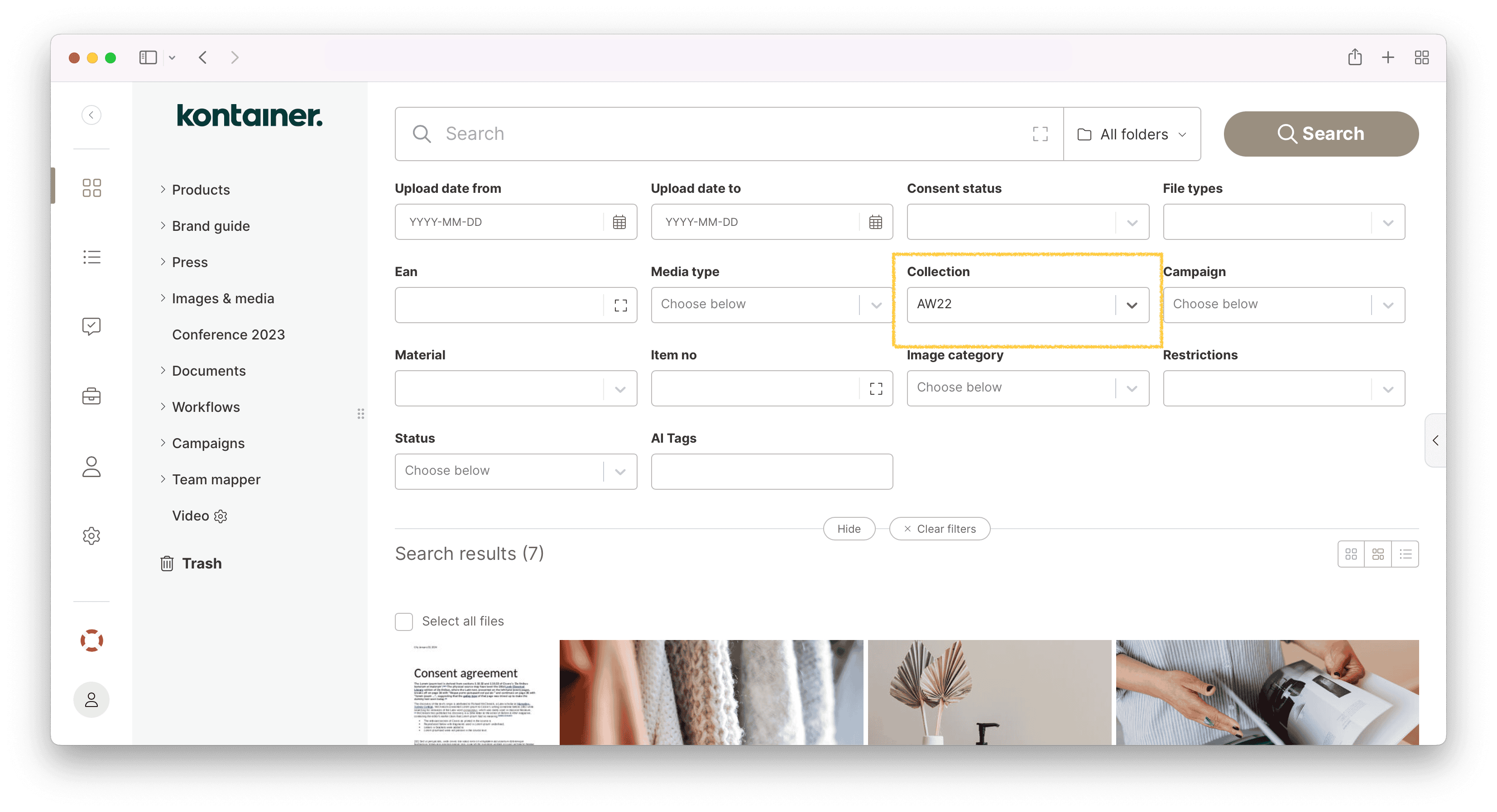 Searching Kontainer using the custom field filters