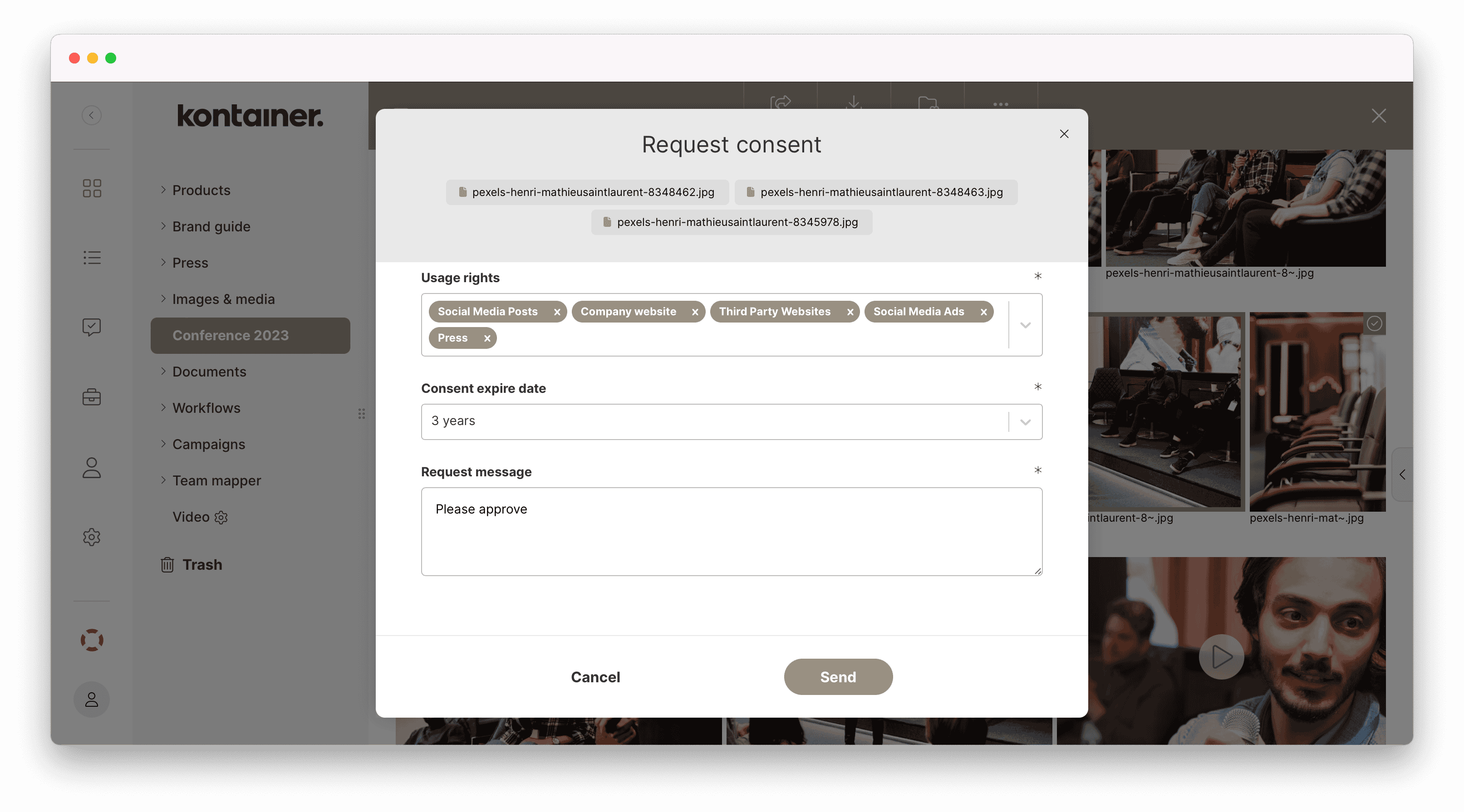 Pop-up form for requesting consent