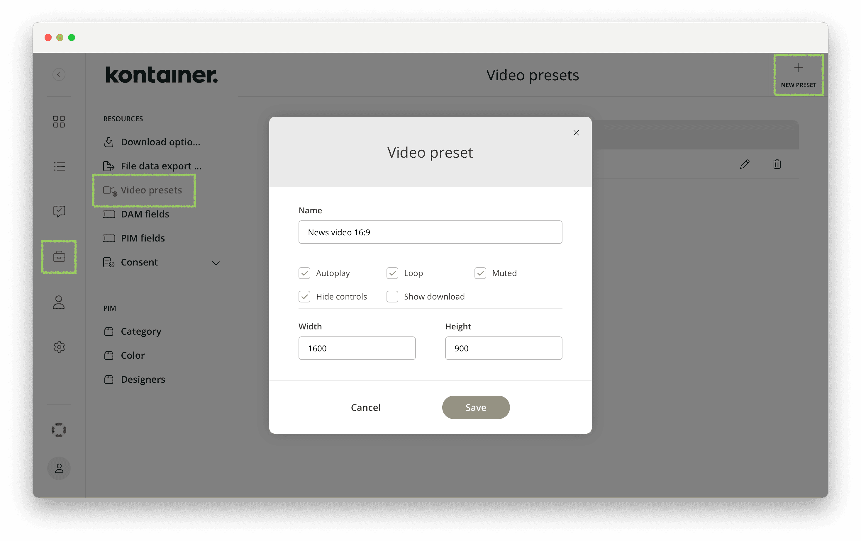 Preset settings for Kontainer video streaming