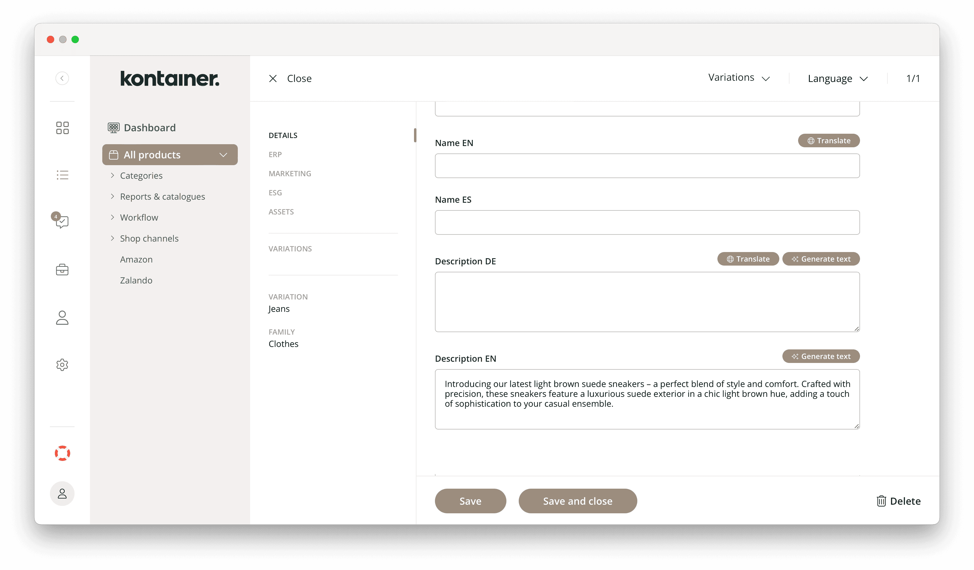 View of Kontainer PIM product with options for AI text generation and translation