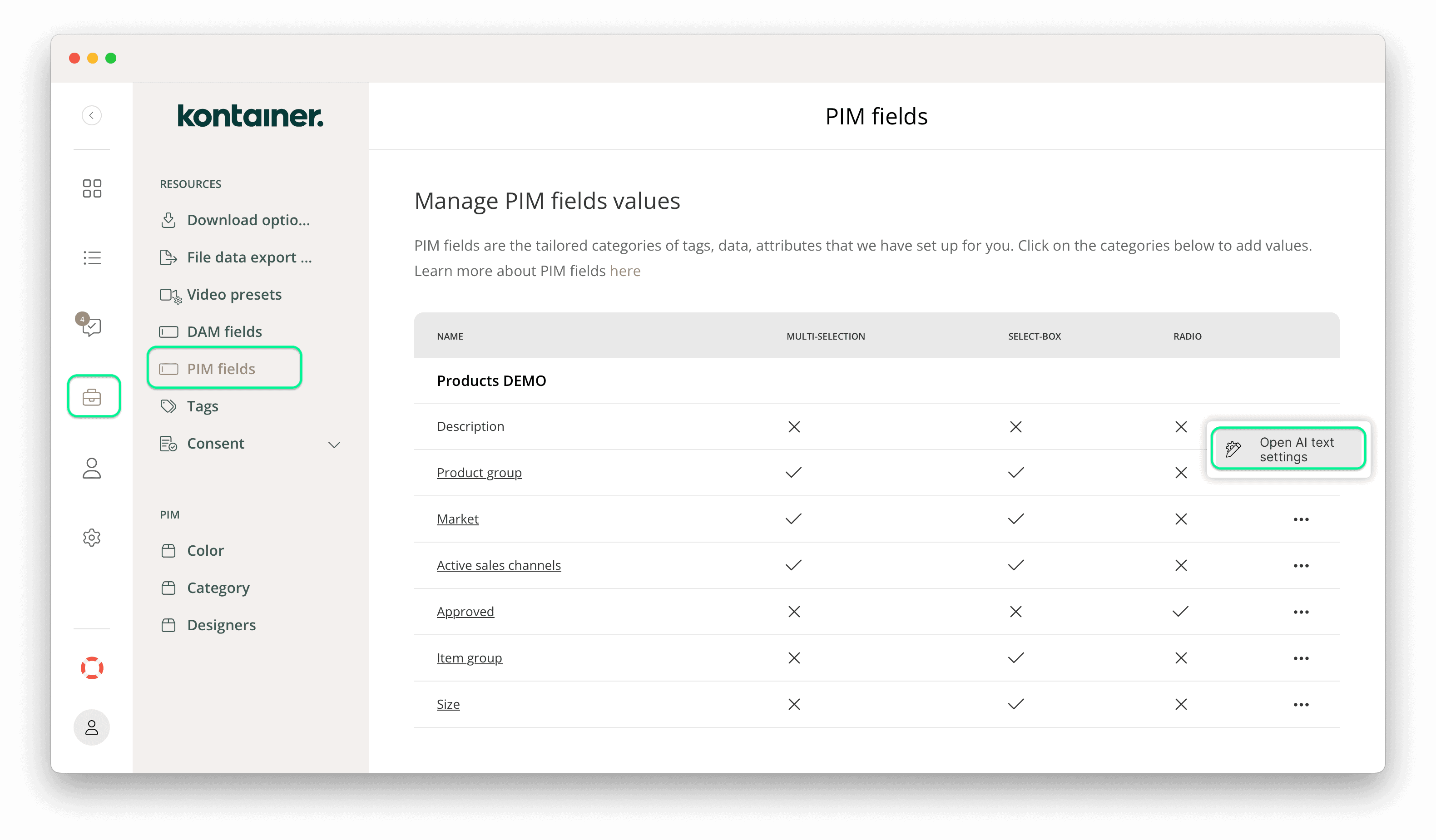 Opening AI text settings on a field in Kontainer PIM