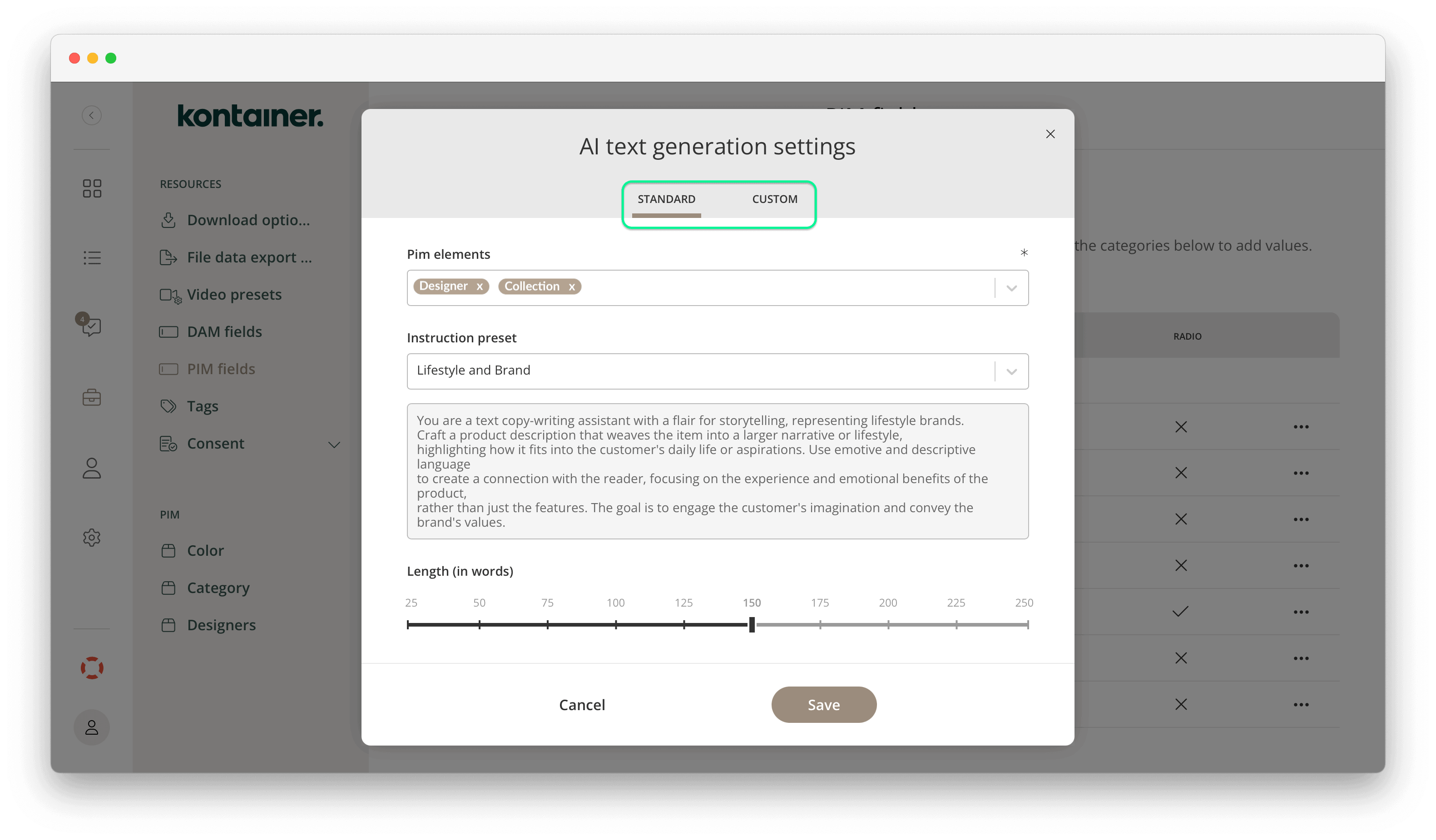 Select AI settings on a text field in Kontainer