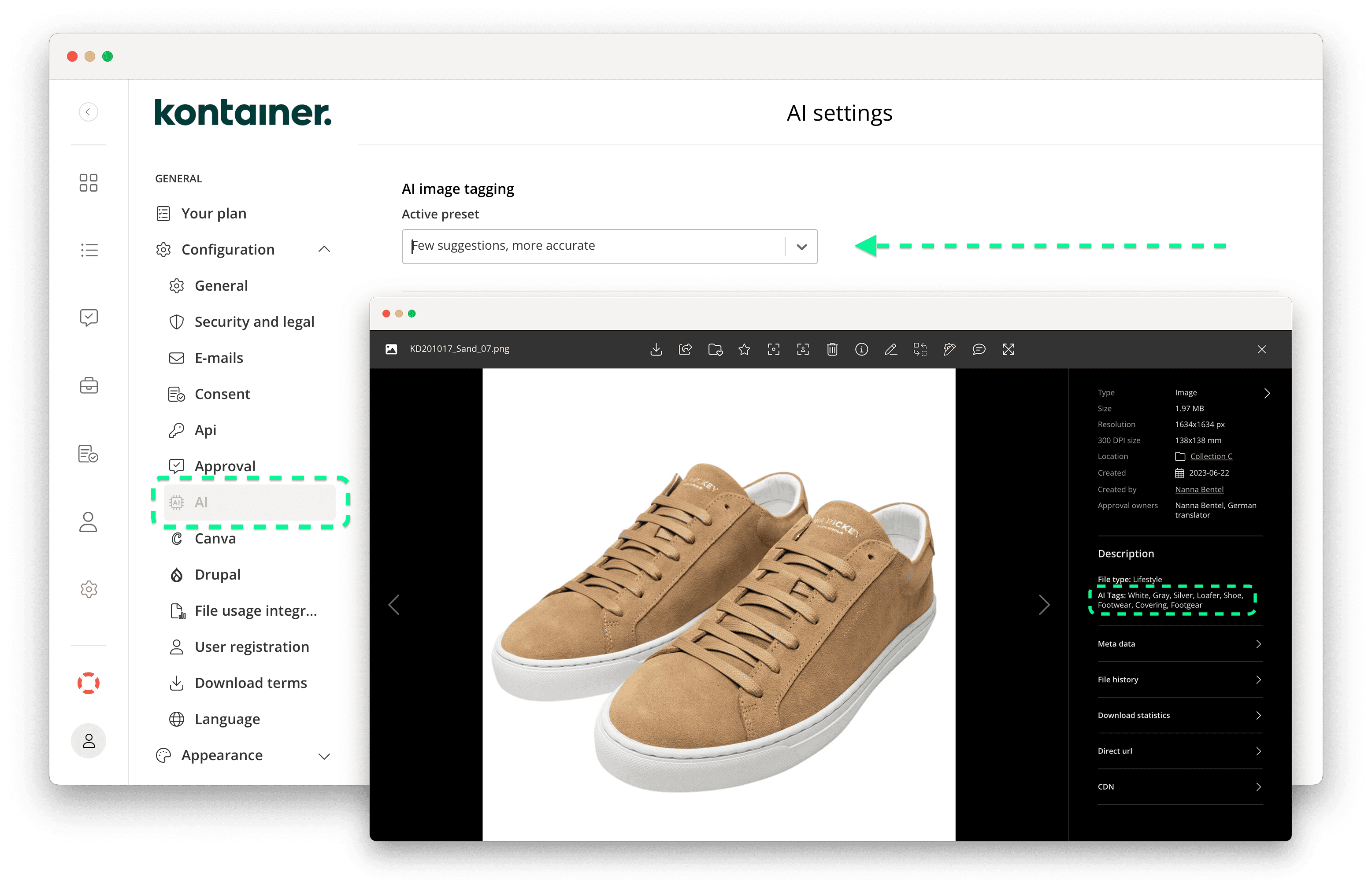 Kontainer DAM settings open on Configuration/AI and the options for 'AI result presets'. A second system screen shows and images of a pair of shoes open in gallery mode and AI Tag data highlighted in the image info panel on the right