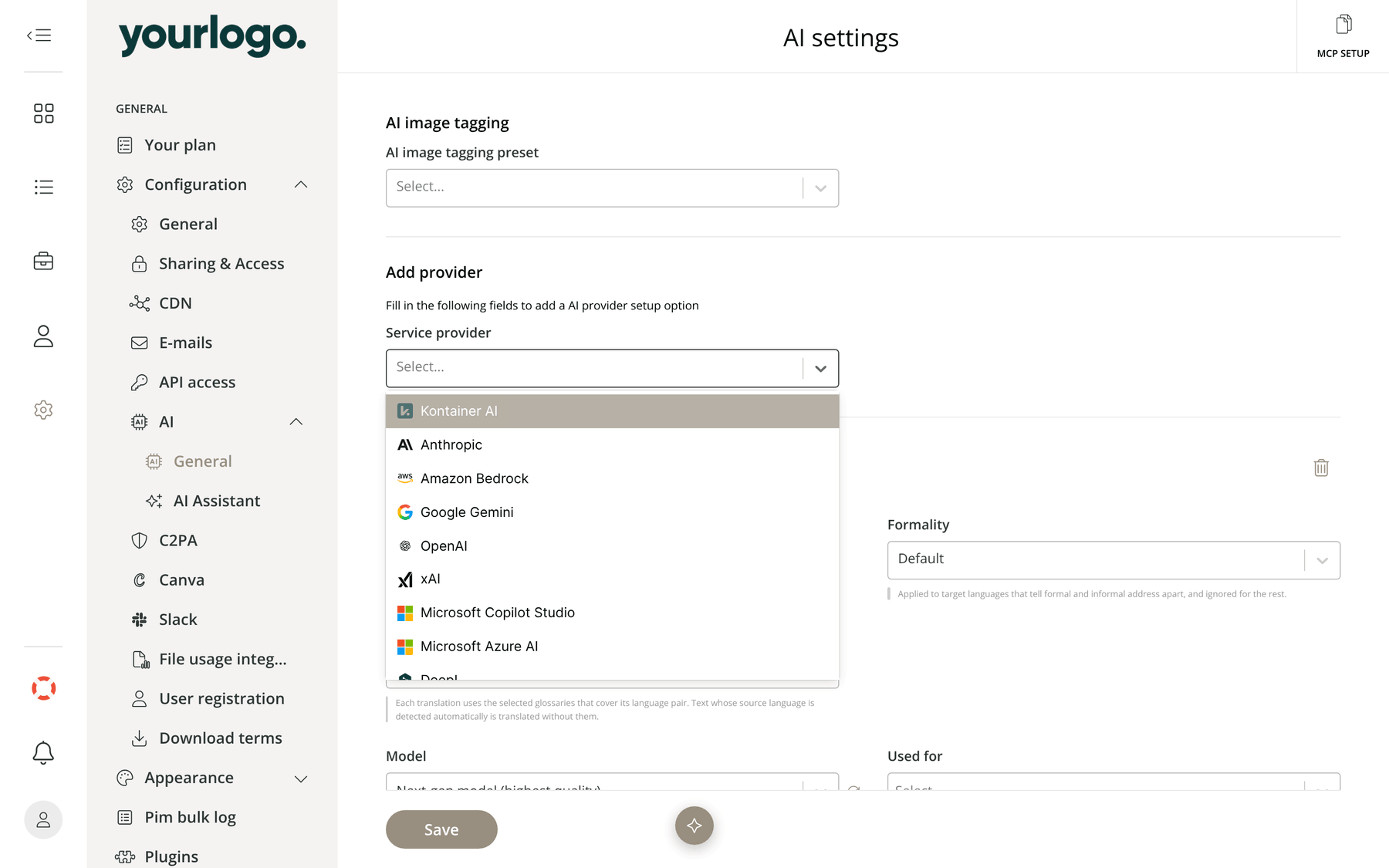 Kontainer DAM and PIM AI settings with the Service provider dropdown open under Add provider, listing available AI providers such as Kontainer AI, Anthropic, Amazon Bedrock, Google Gemini and OpenAI