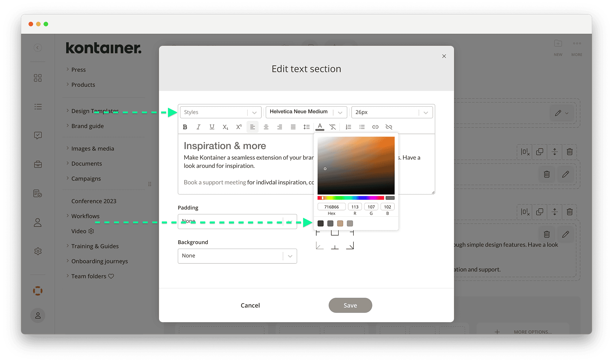 Brug brandforudindstillinger i Kontainers Page editor
