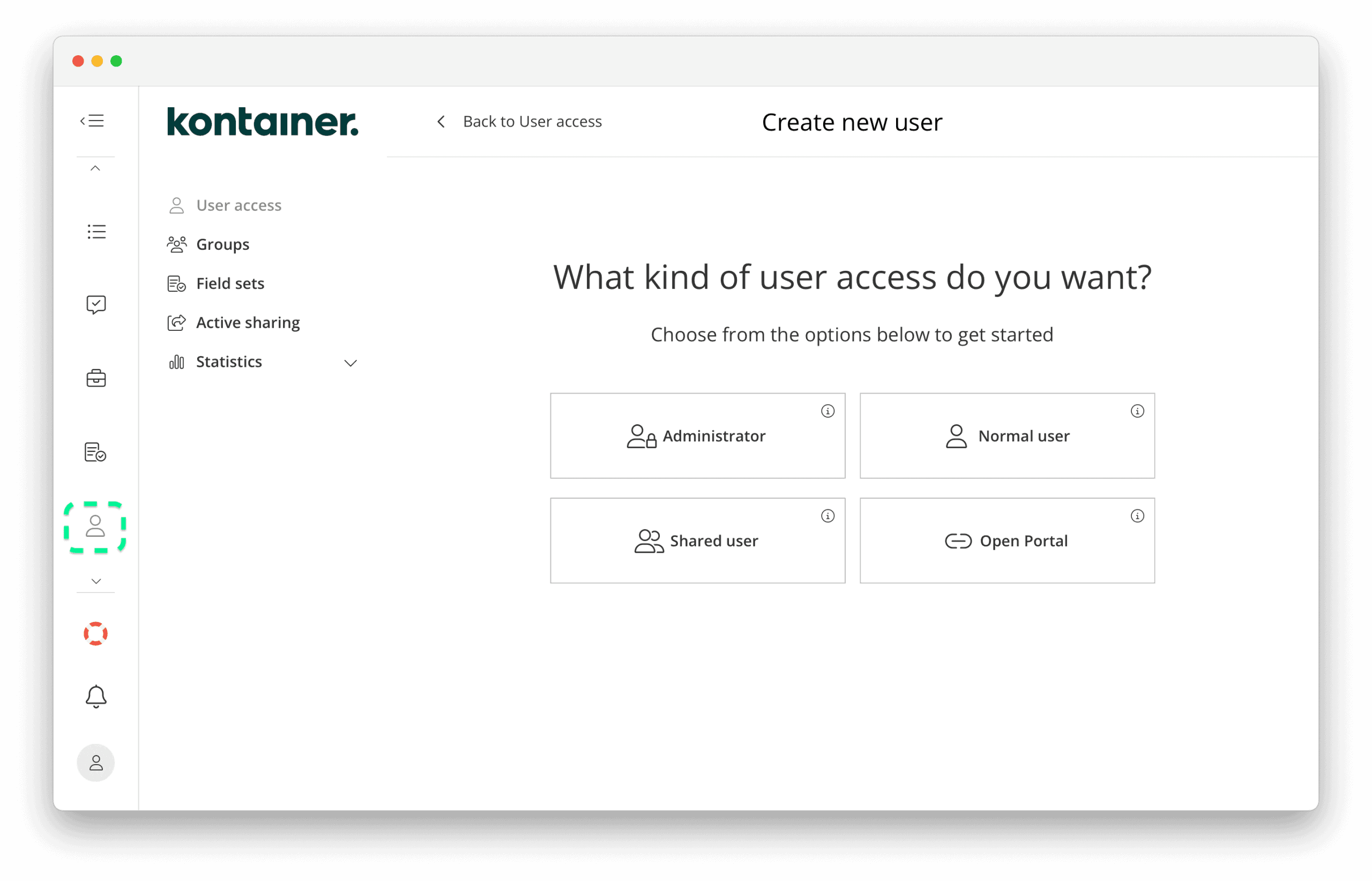 Kontainer DAM & PIM 'Access' menu for creating and managing users and user groups