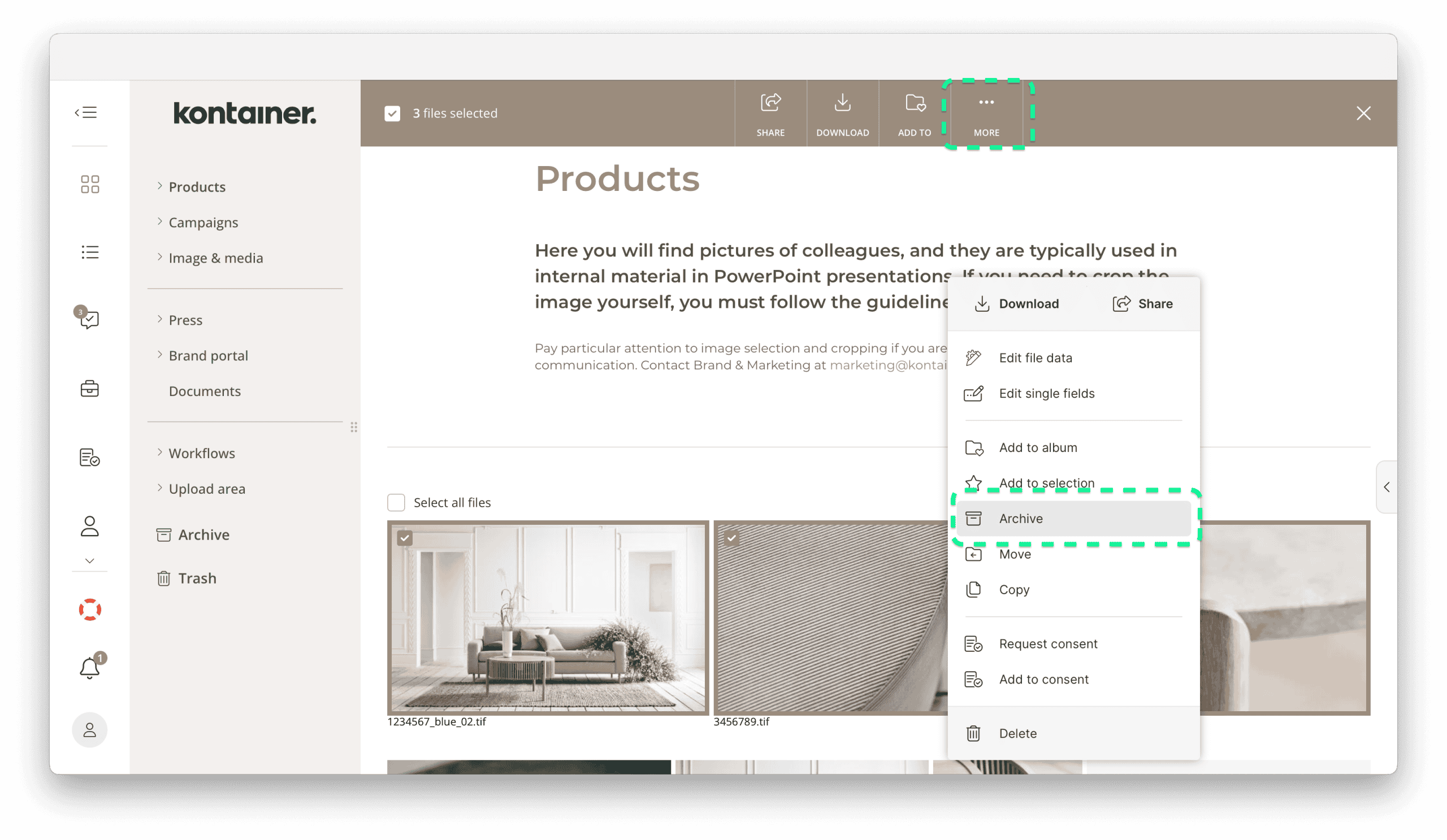 Adding files to the Archive folder in Kontainer DAM