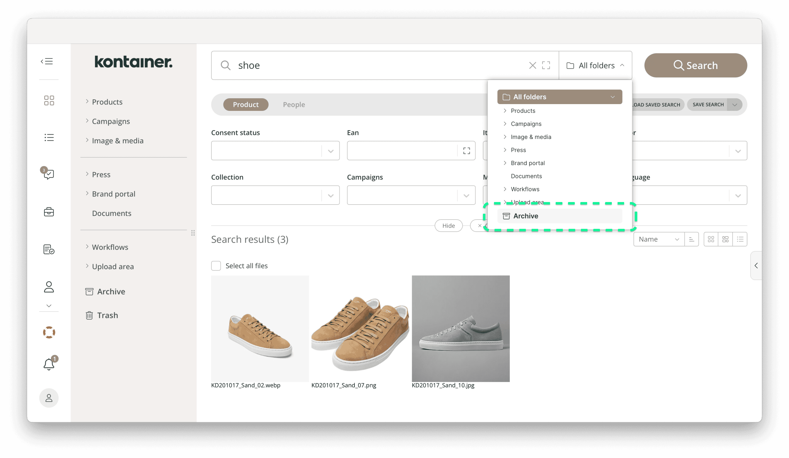 Search workaround to search archived files Kontainer DAM