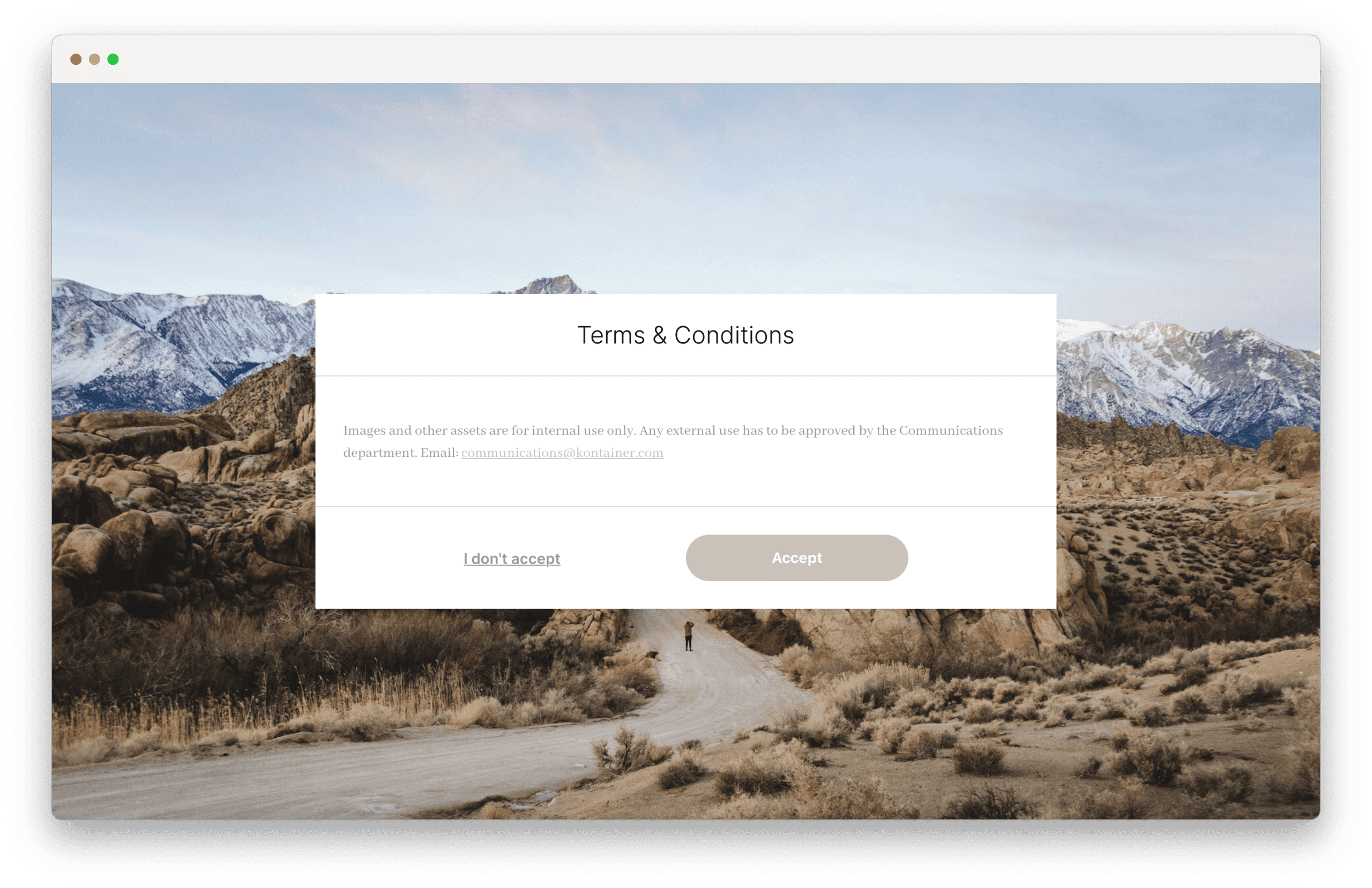 Kontainer DAM & PIM: Terms and Conditions message shown to be accepted before access is provided