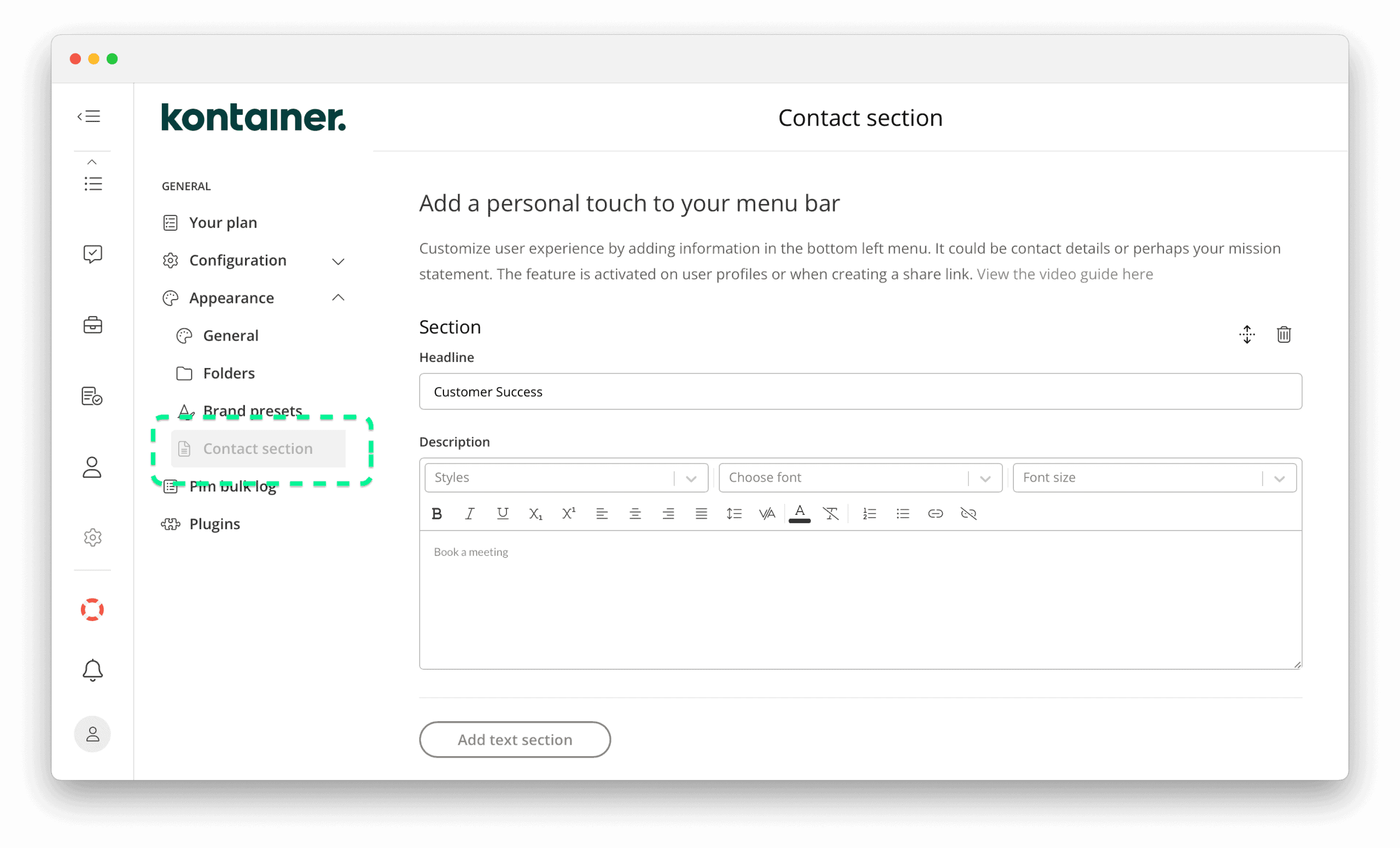 Opening 'Contact section' in Kontainer DAM