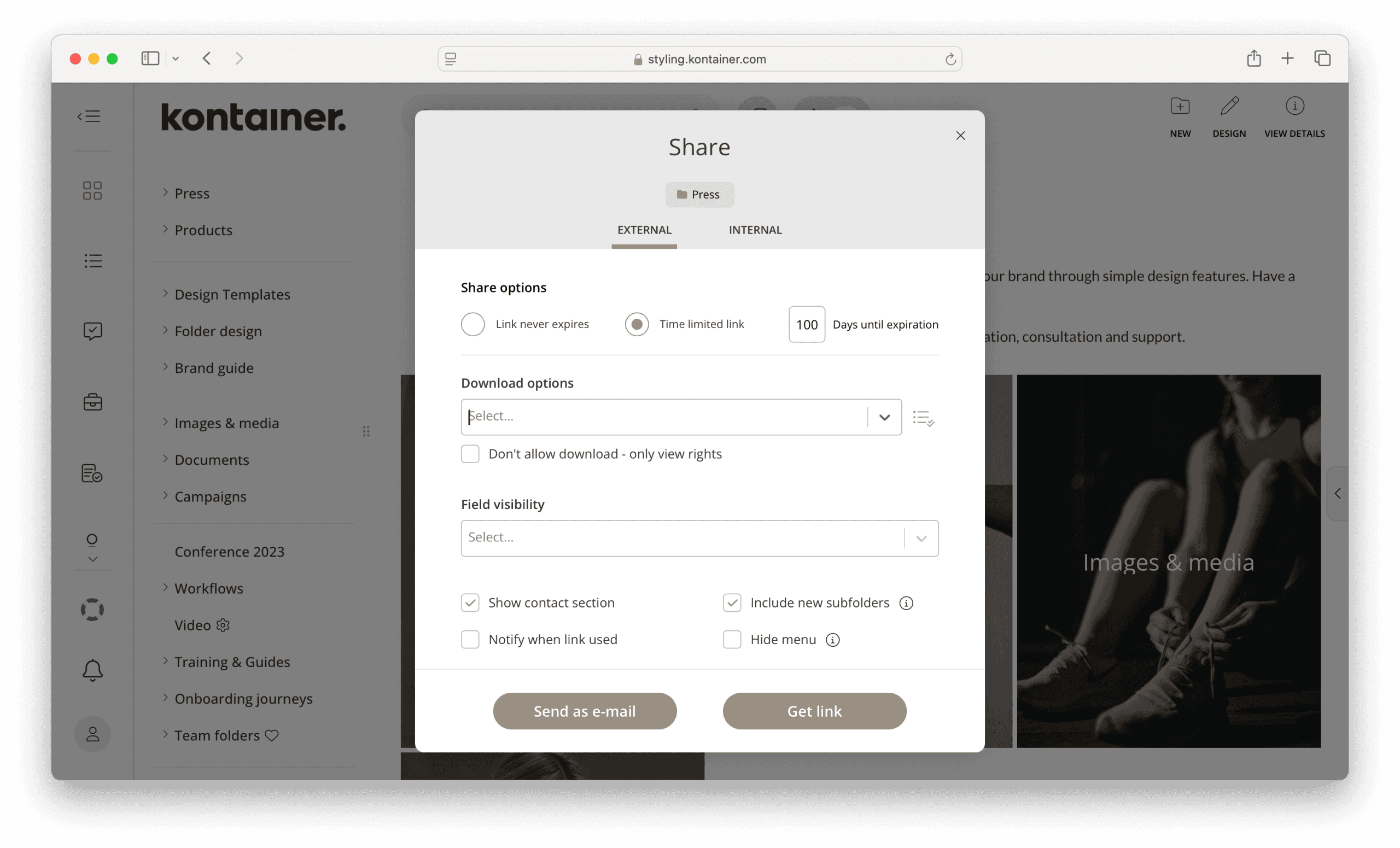 Creating a share link to open in a separate browser to check the design of your Contact section