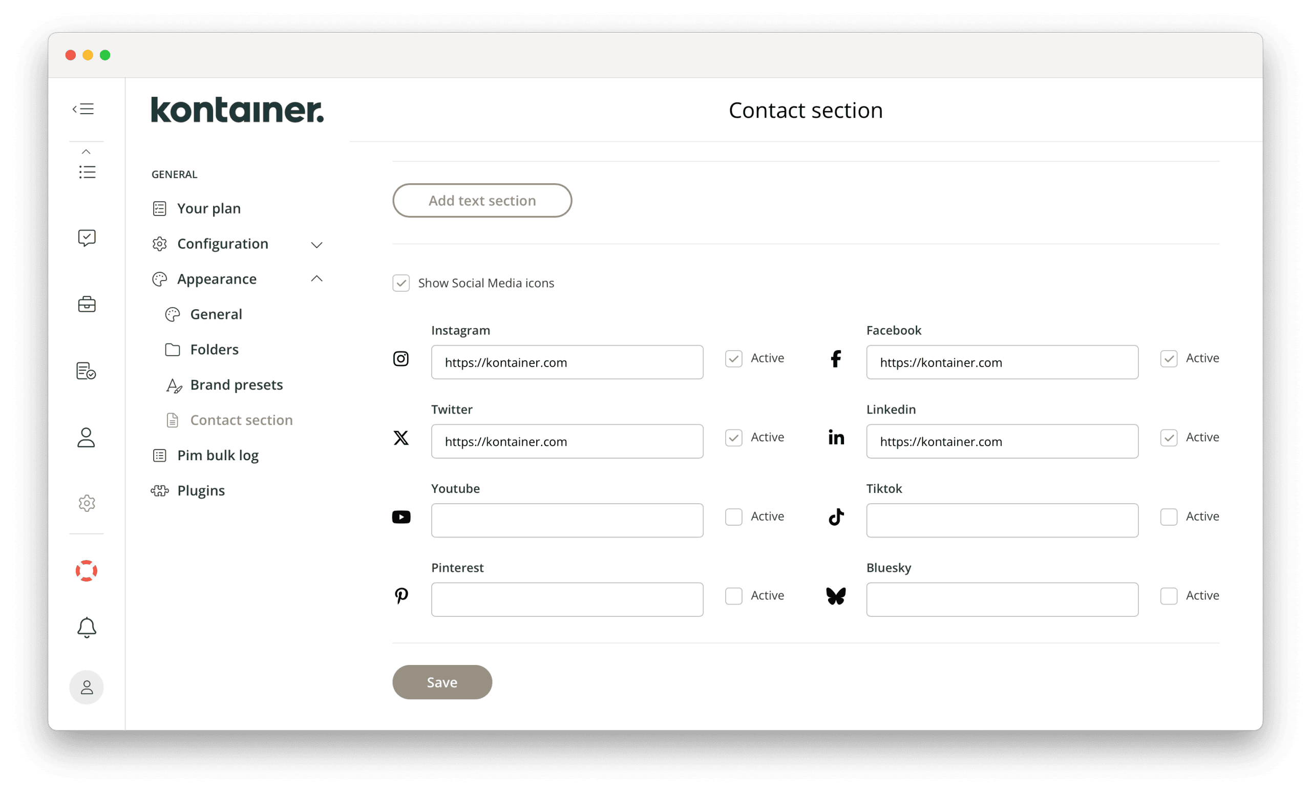 Adding social media links to Kontainer DAM 'Contact section'