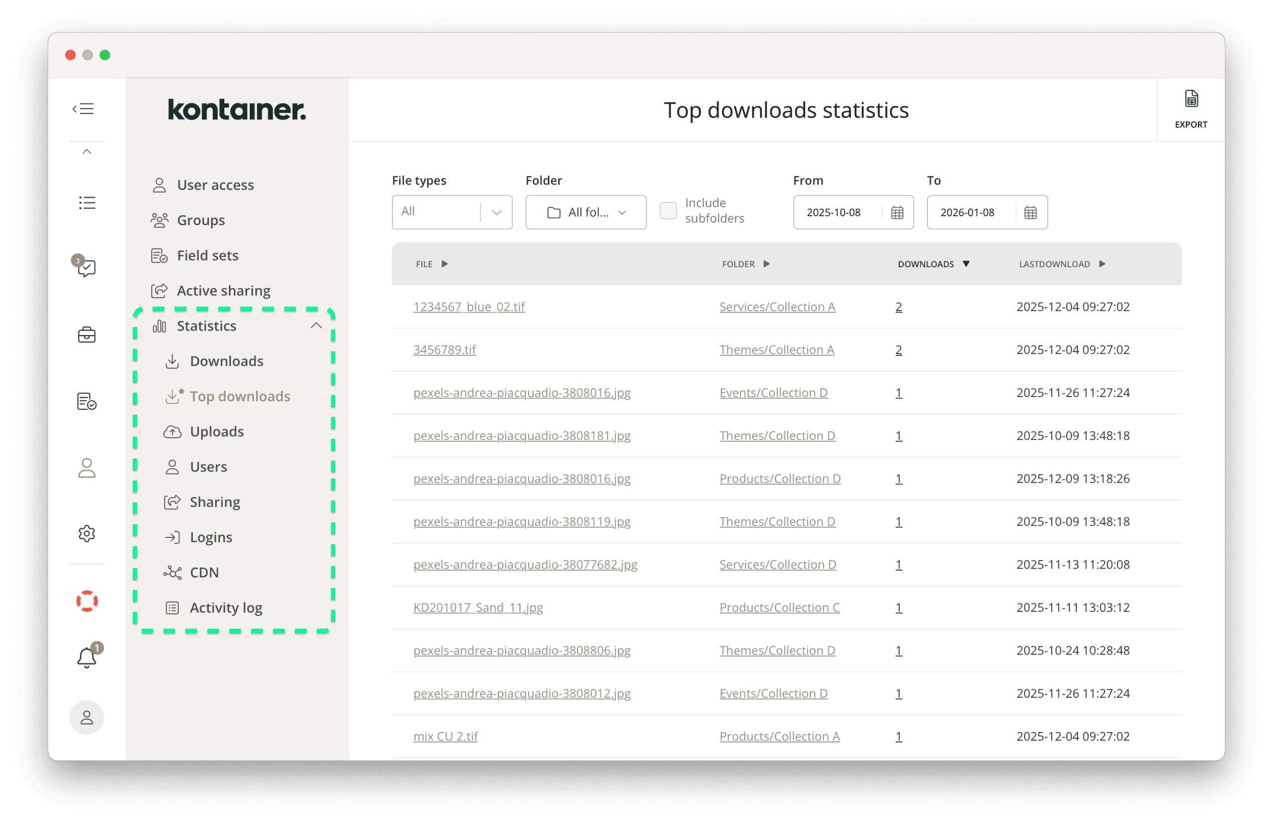 Kontainer DAM statistics options found under Access