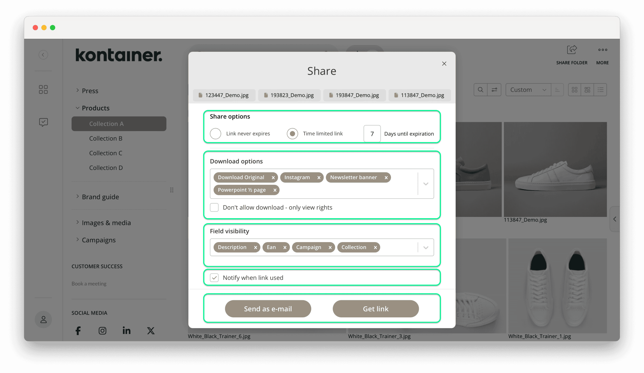 Options when sharing files and folders in Kontainer DAM