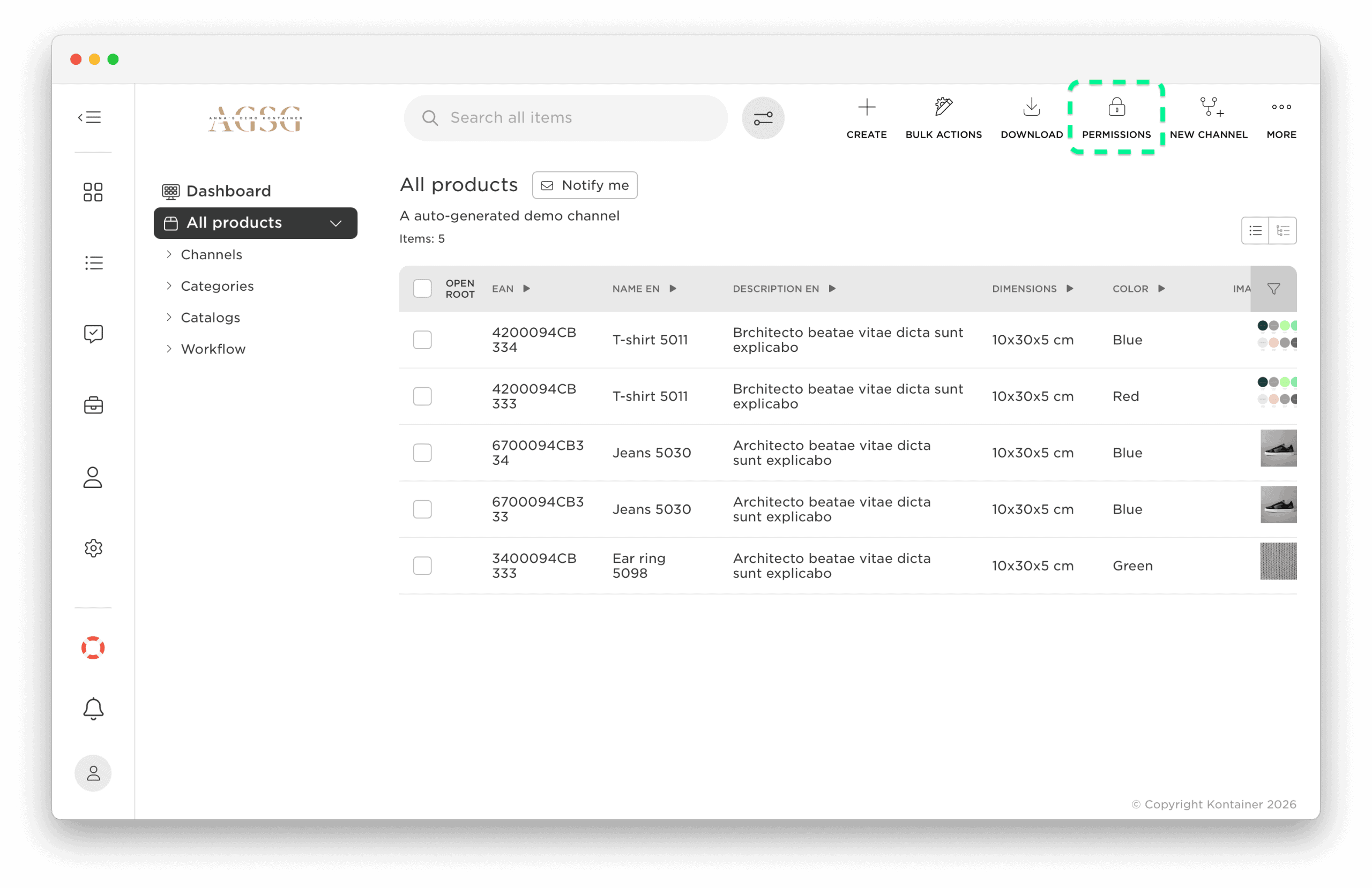 Kontainer PIM: Accessing Permissions by channel