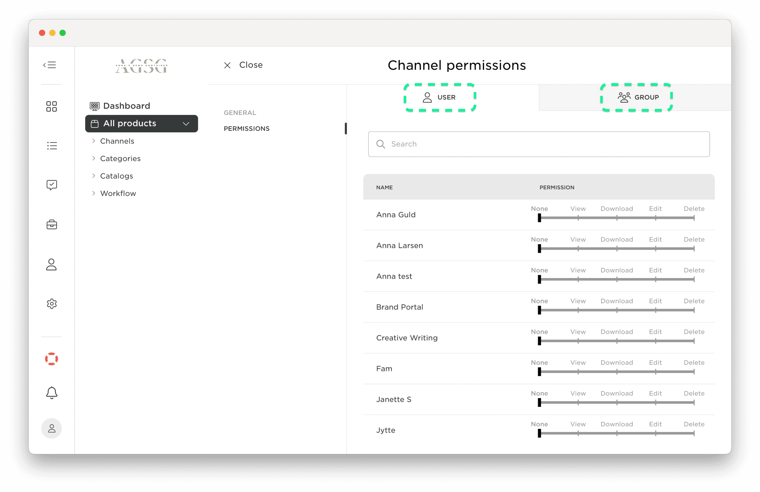 Kontainer PIM: Give users and user groups access to a channel