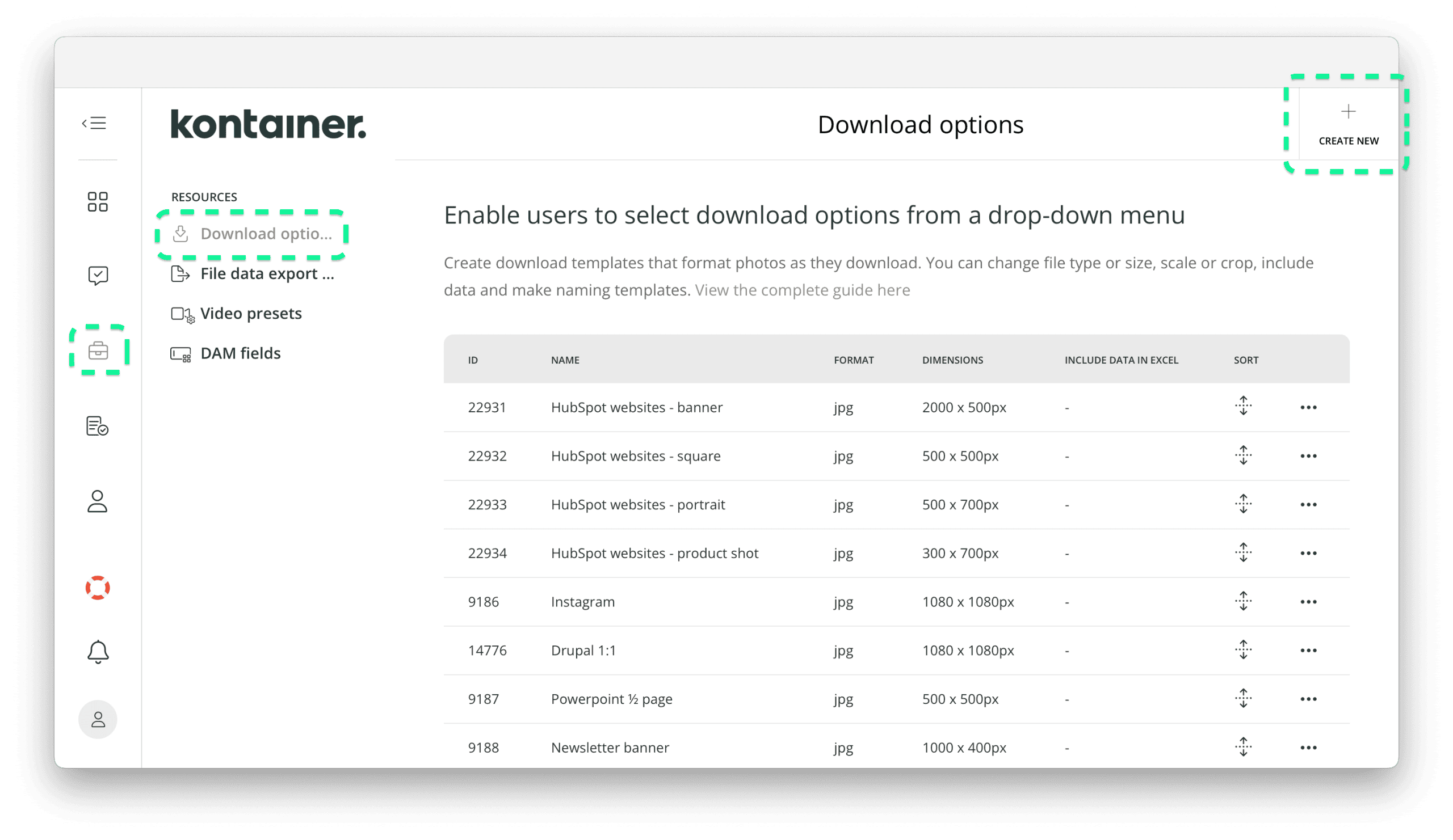 Create new Download template in Kontainer Resource settings