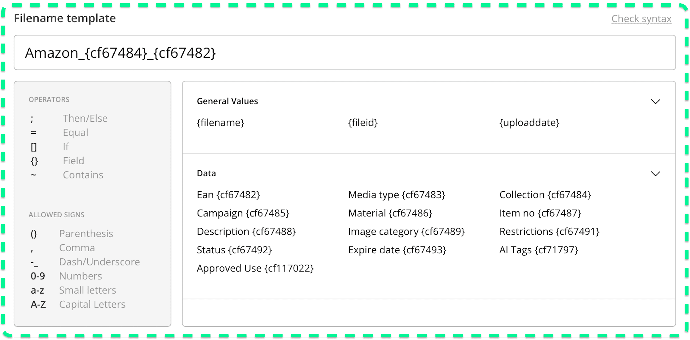 Filename template settings for creating a download template in Kontainer