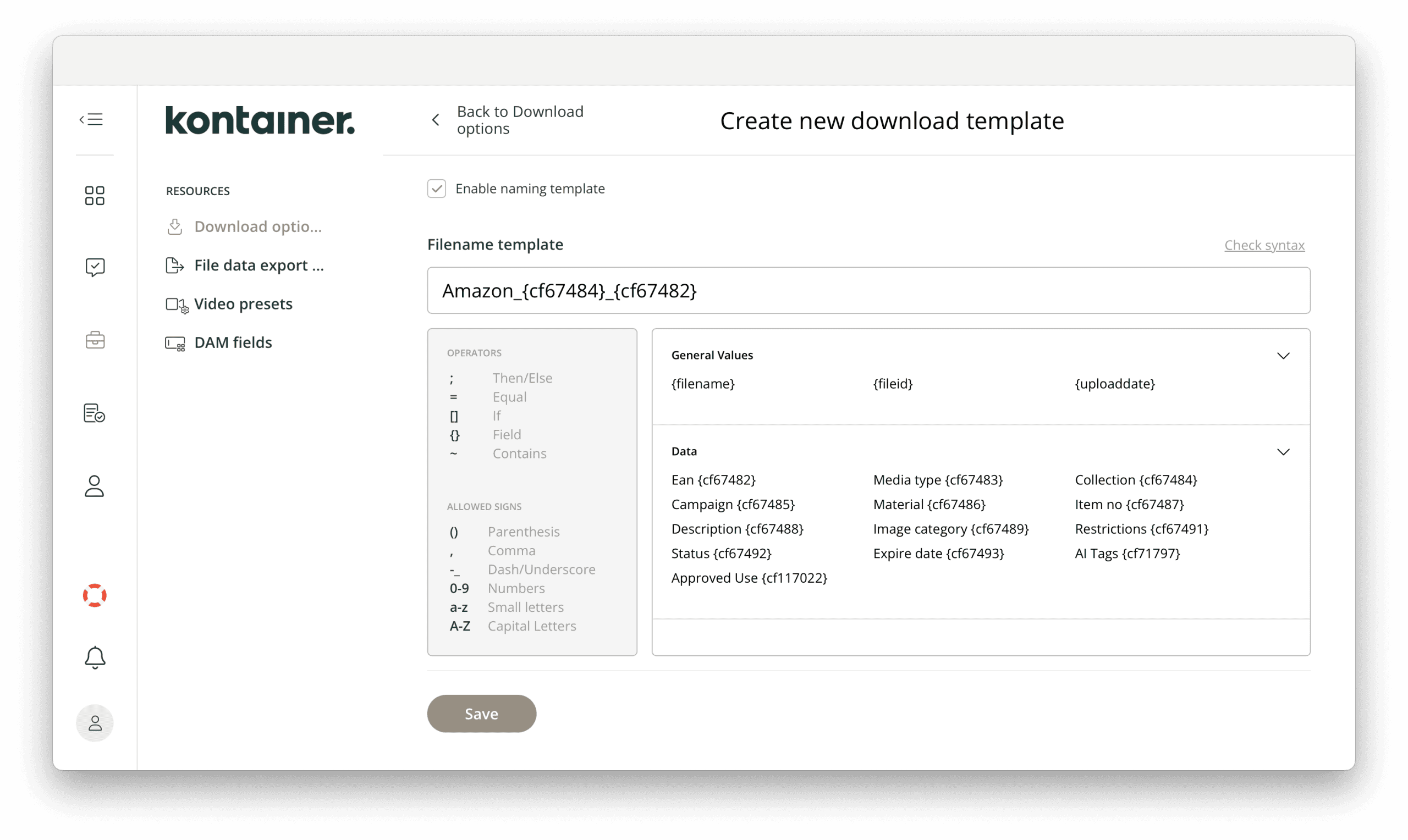 Filename template settings for creating a download template in Kontainer DAM