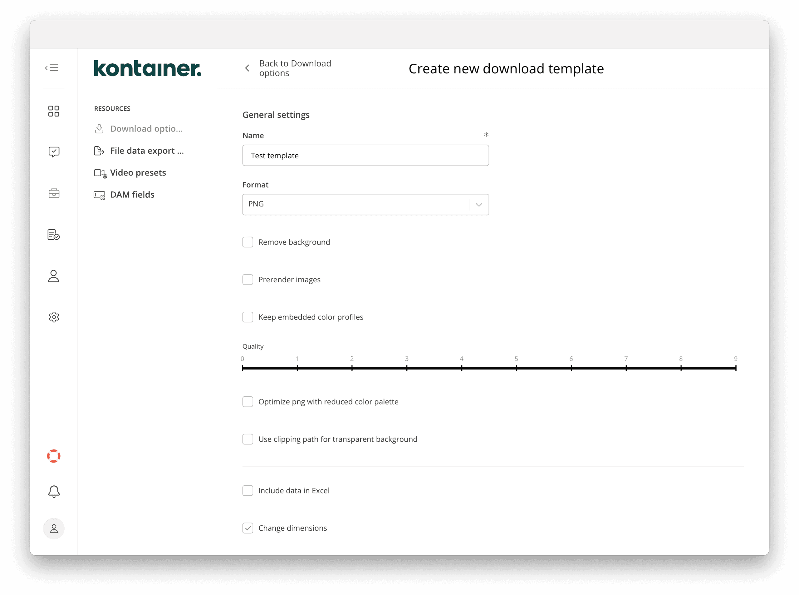General settings for creating a download template in Kontainer