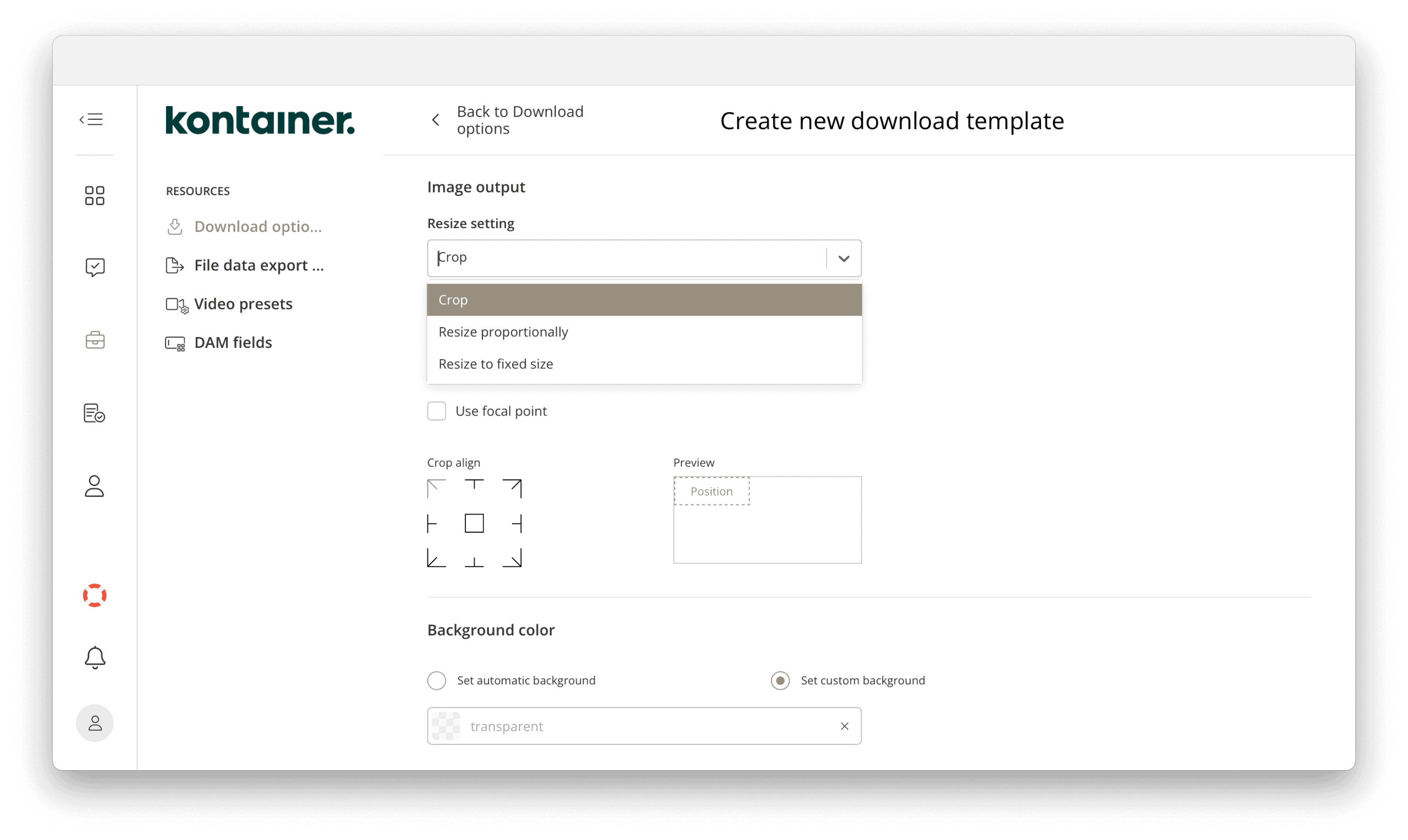 Image output settings for creating a download template in Kontainer