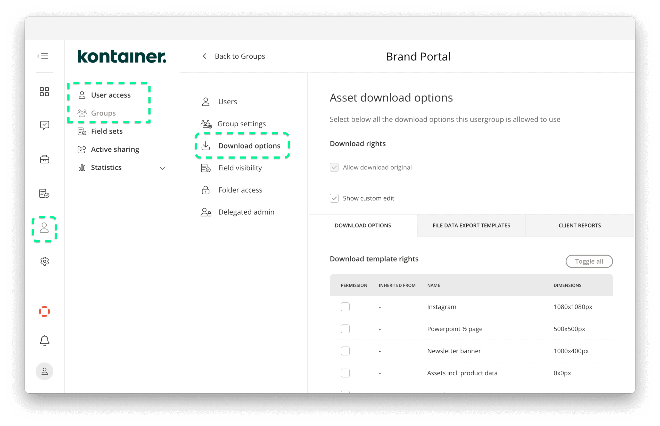 Permission Settings for Download Templates in Kontainer