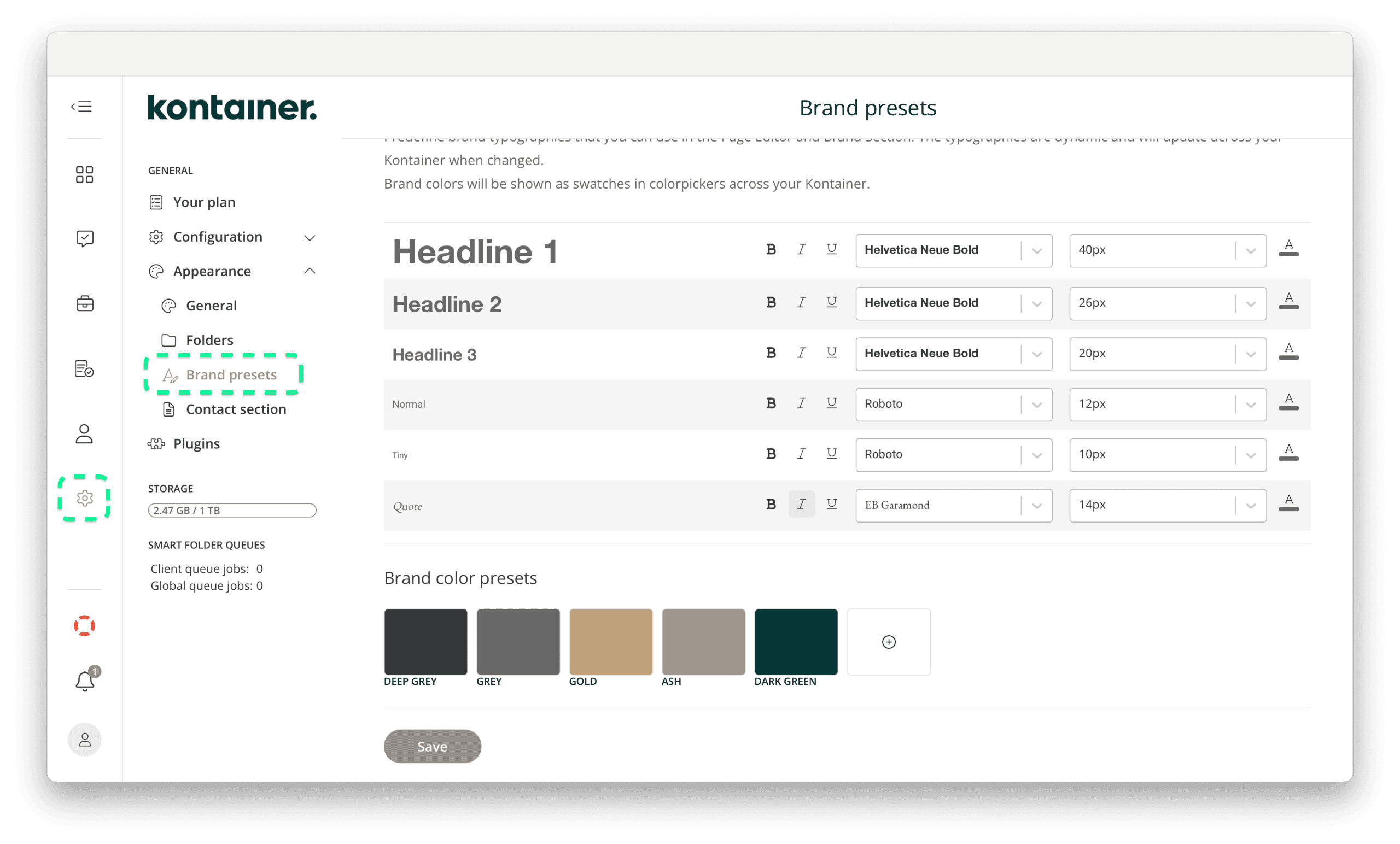 Brand preset settings in Kontainer DAM