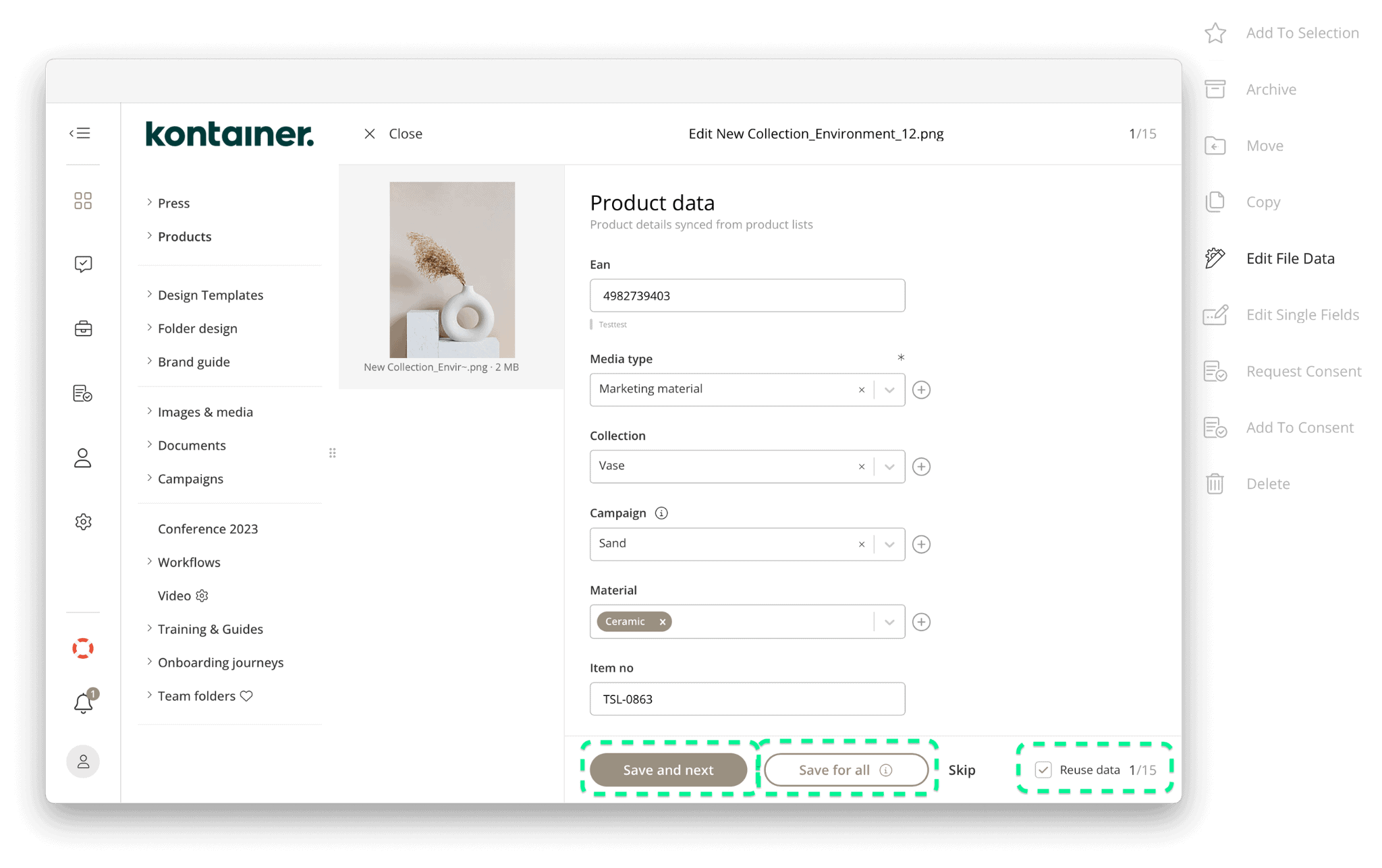 Tagging files with data in Kontainer DAM using the function 'Edit file data'