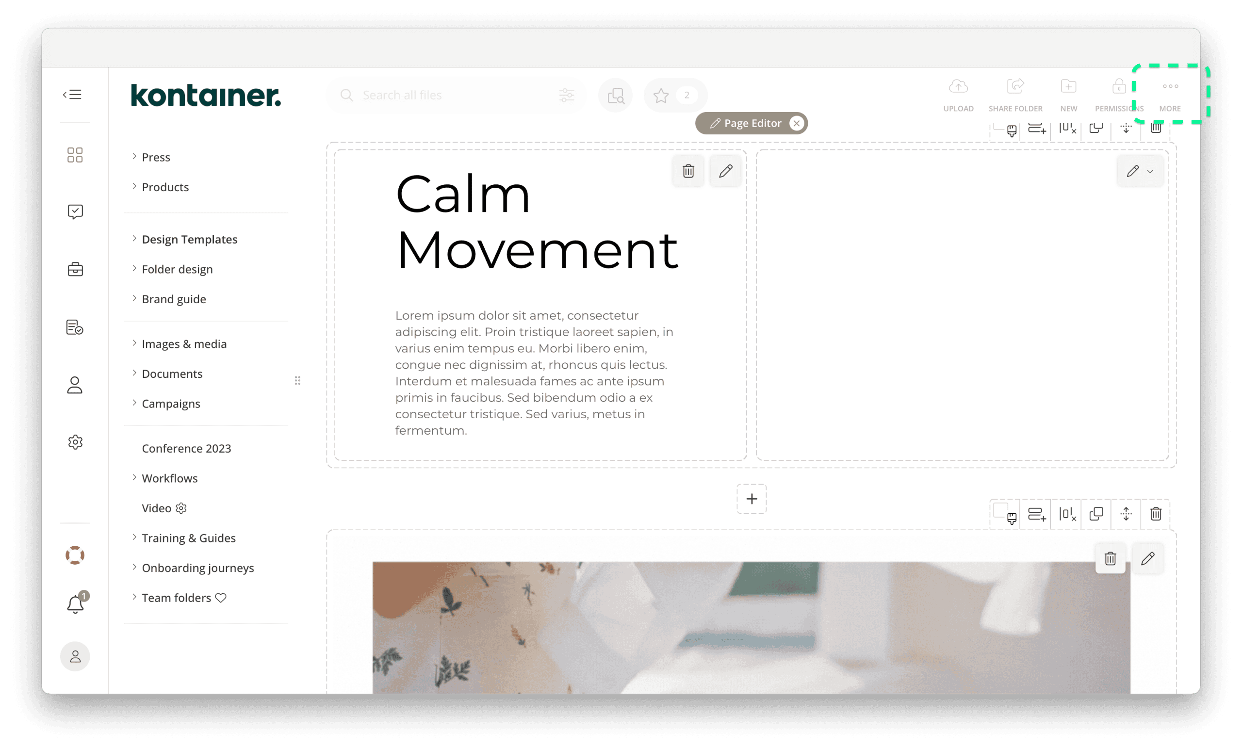 Page editor in Kontainer DAM folder