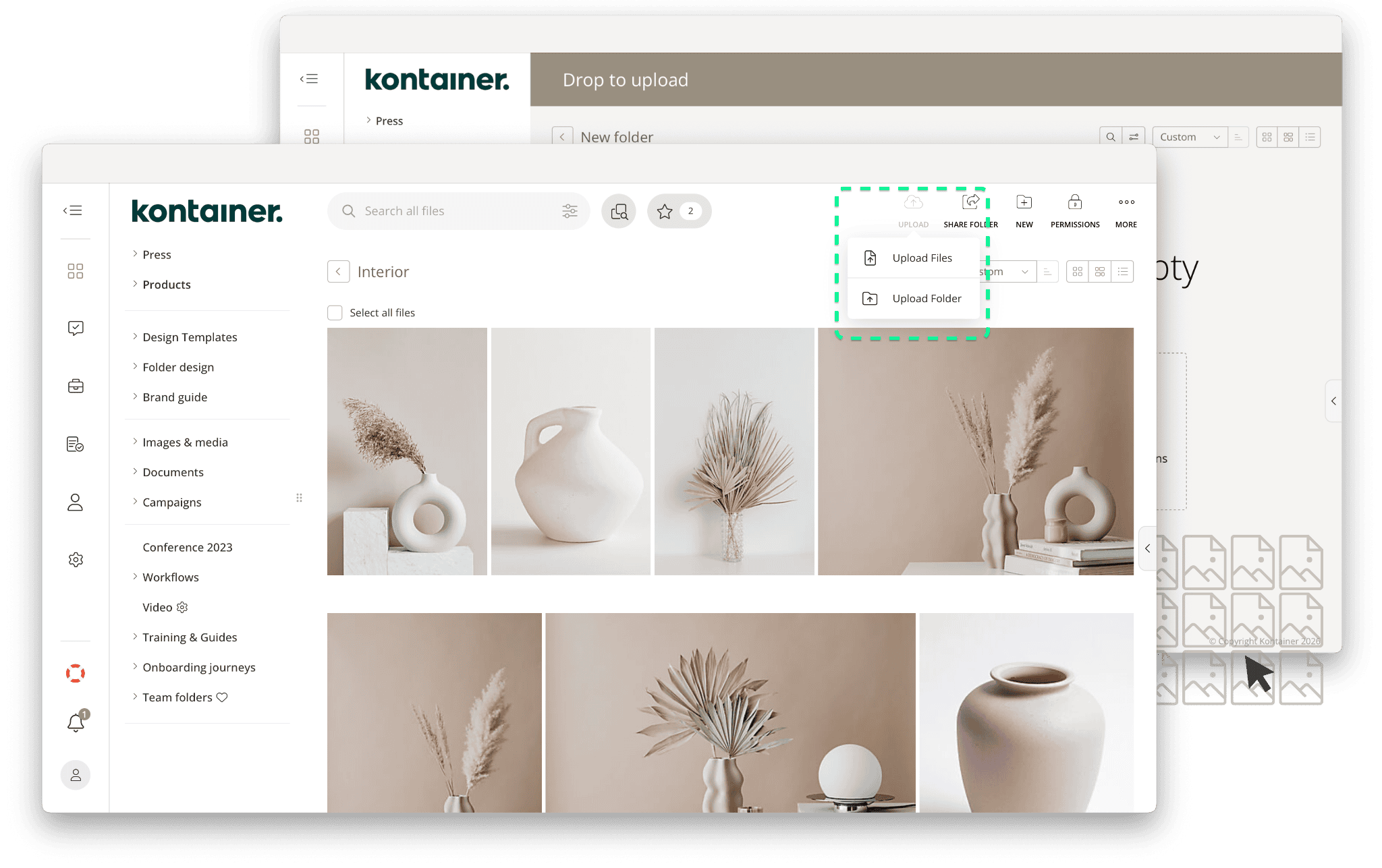 Uploading images to Kontainer DAM either using the upload buttons or dragging and dropping files