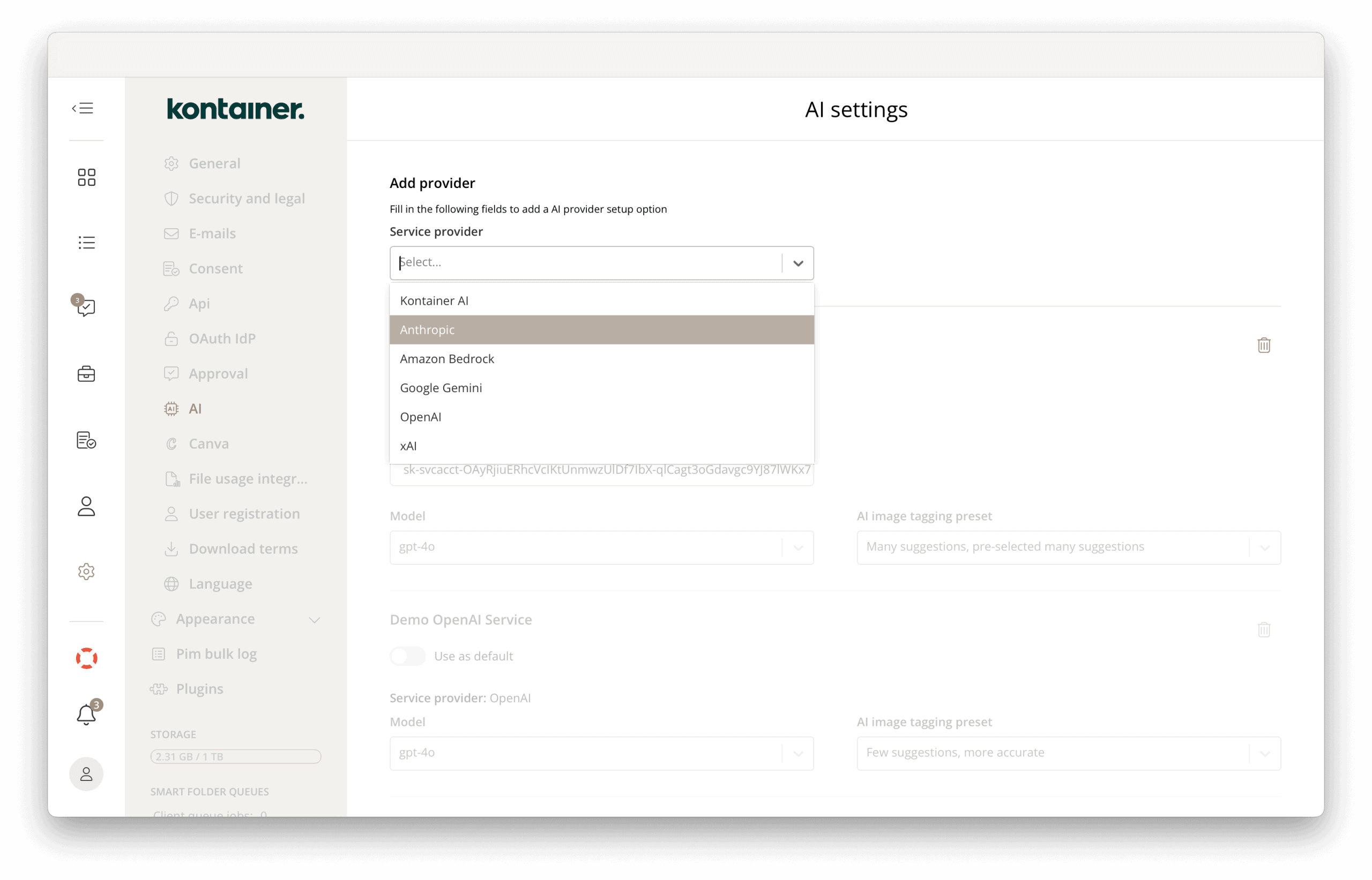 Hinzufügen eines KI-Anbieters in den Kontainer-DAM- und PIM-Einstellungen