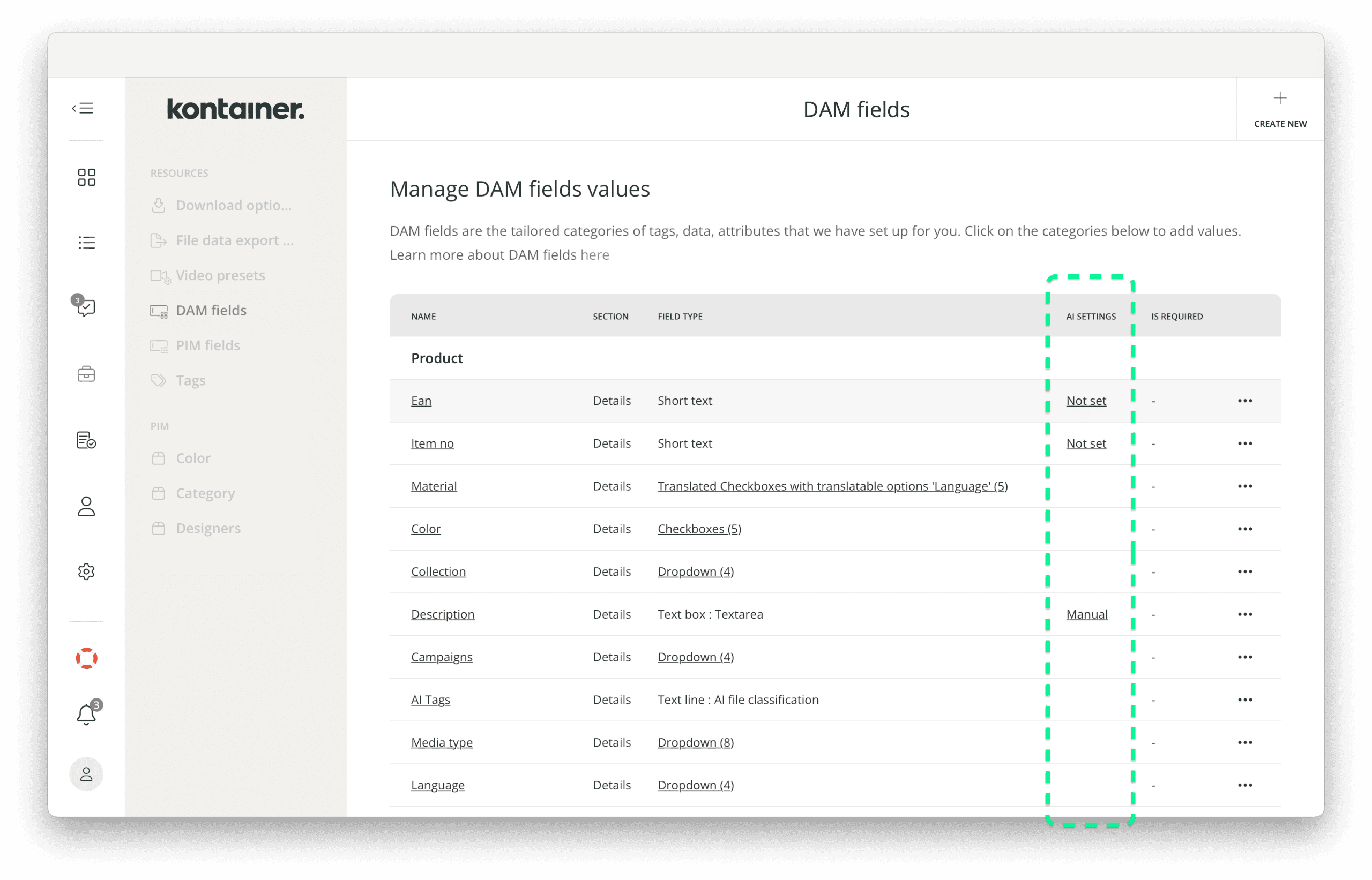 Einstellungsbereich der Kontainer-DAM-Felder mit hervorgehobener KI-Einstellungsspalte