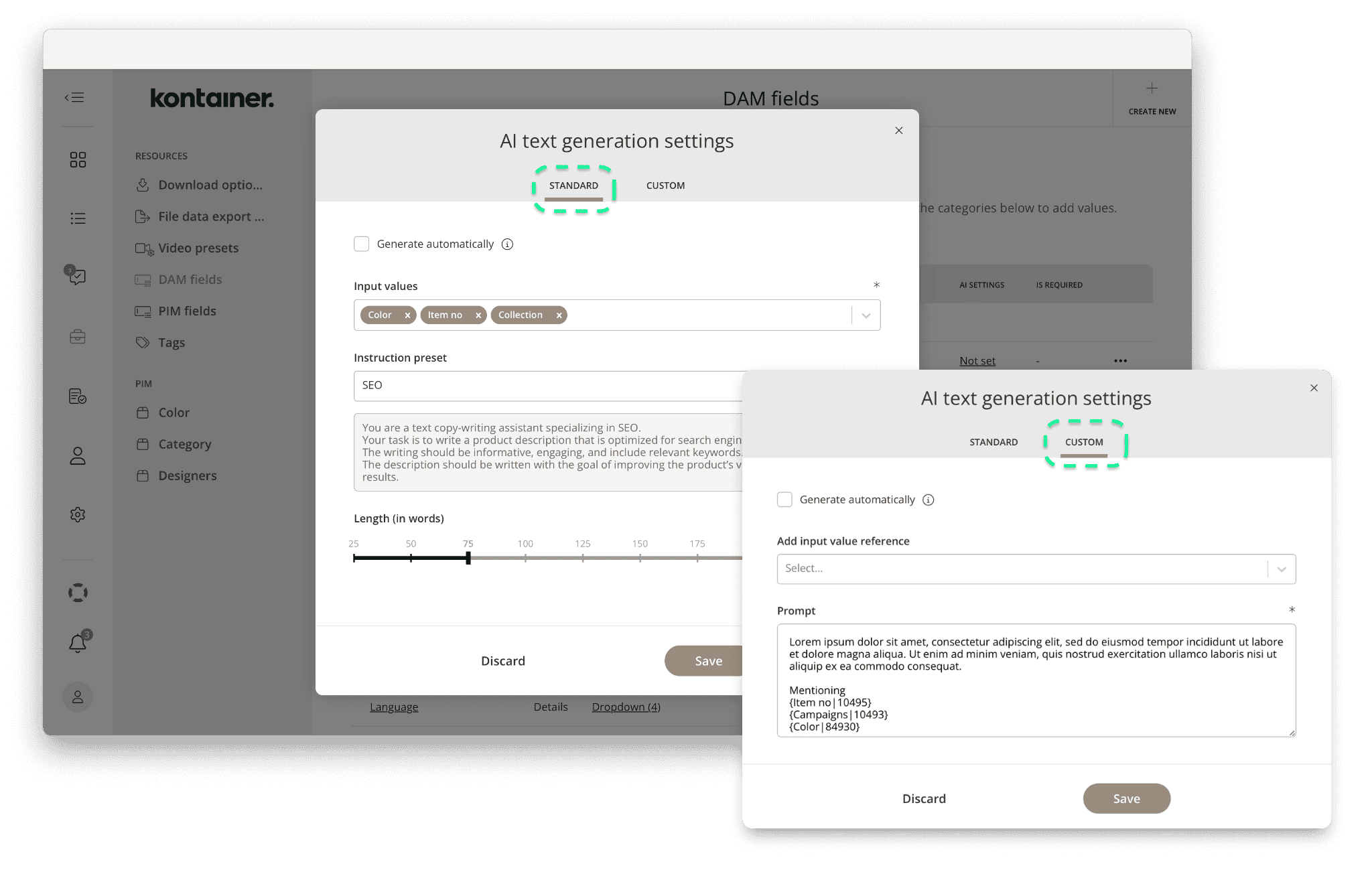 ontainer DAM field AI settings shown with the alternatives of standard and custom prompt settings