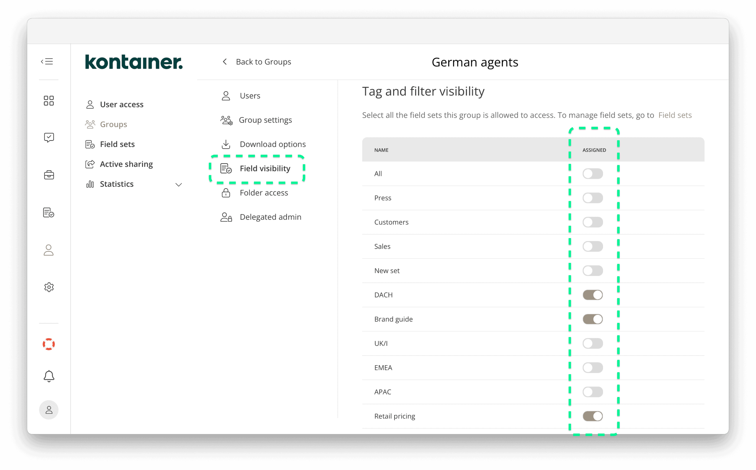 Assigning user or group access to field sets in Kontainer DAM