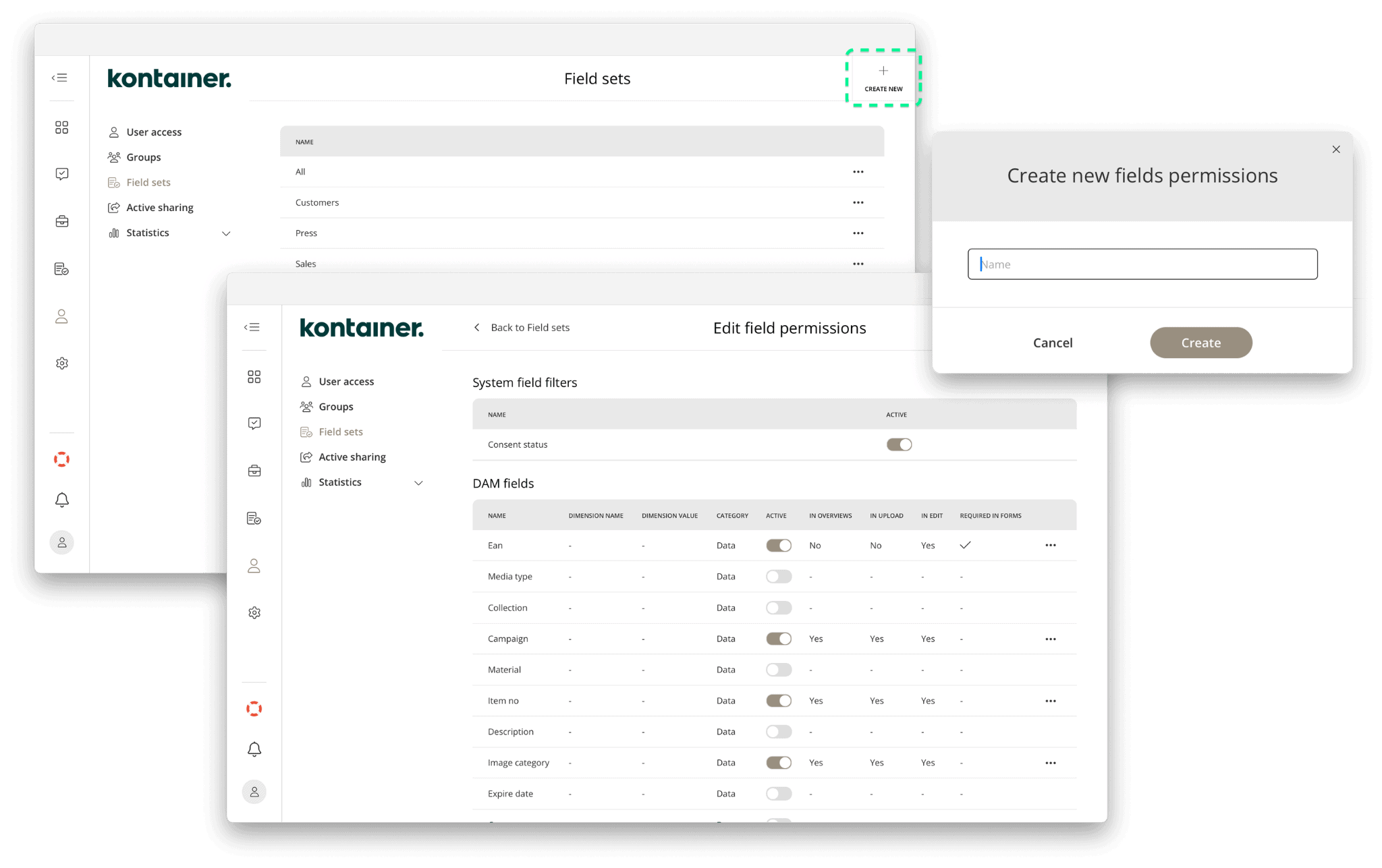 Creating field set in Kontaner DAM access