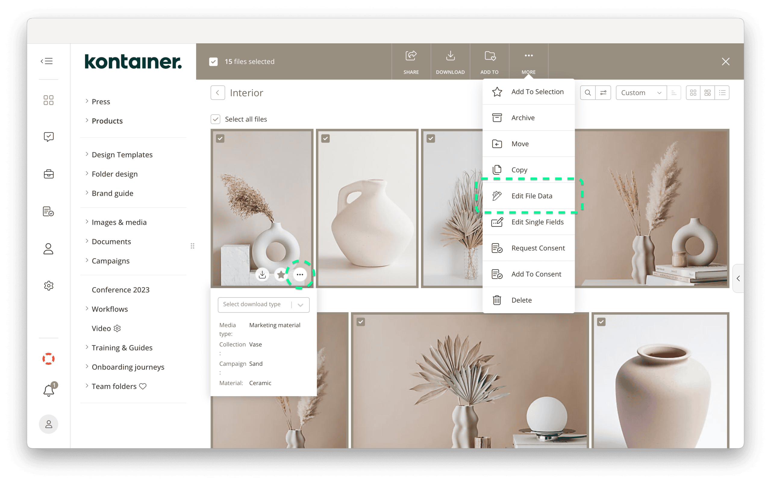 Accessing 'Edit file data' in Kontainer DAM