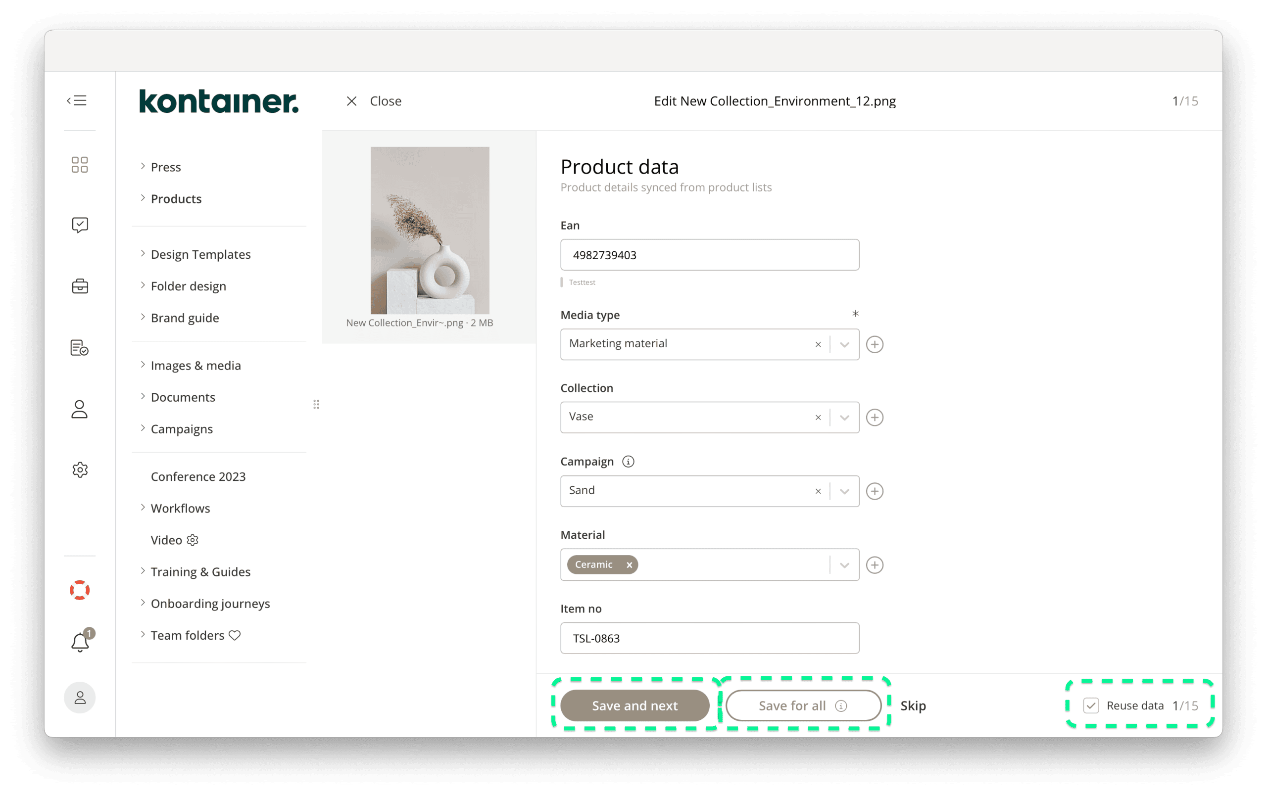 Editing file data in Kontainer DAM