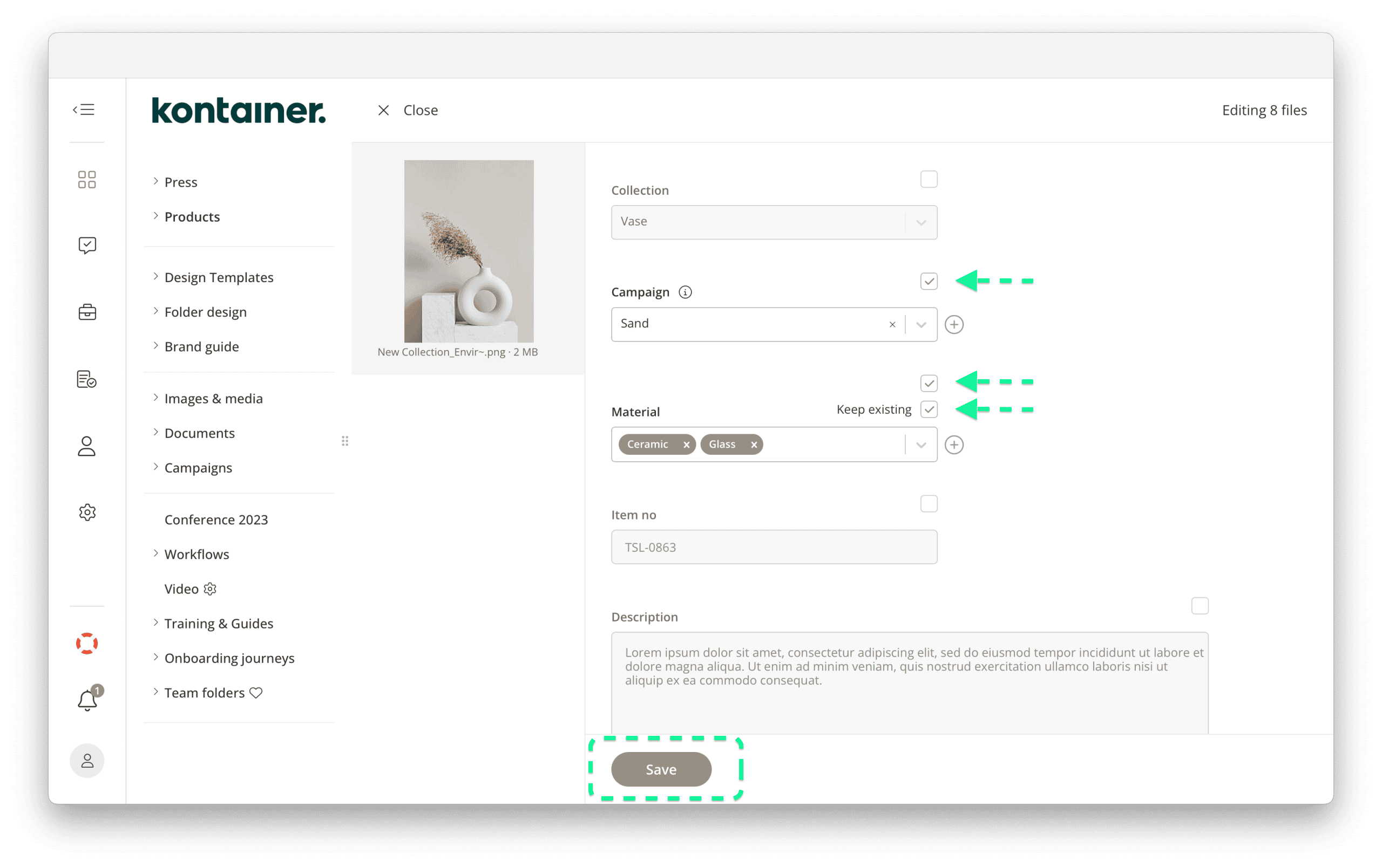 Editing single data fields on multiple files in Kontainer DAM