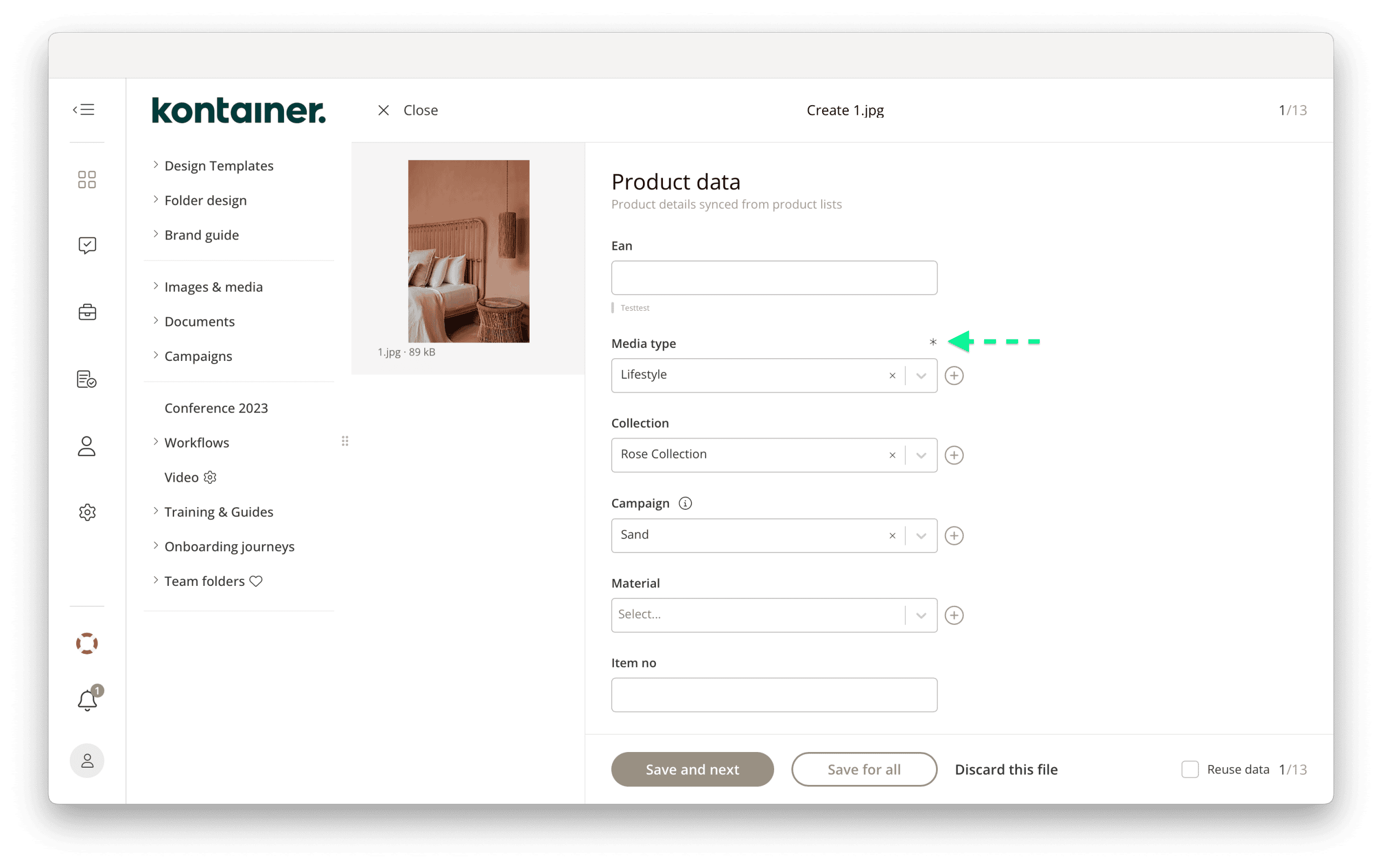 Required data fields in Kontainer DAM