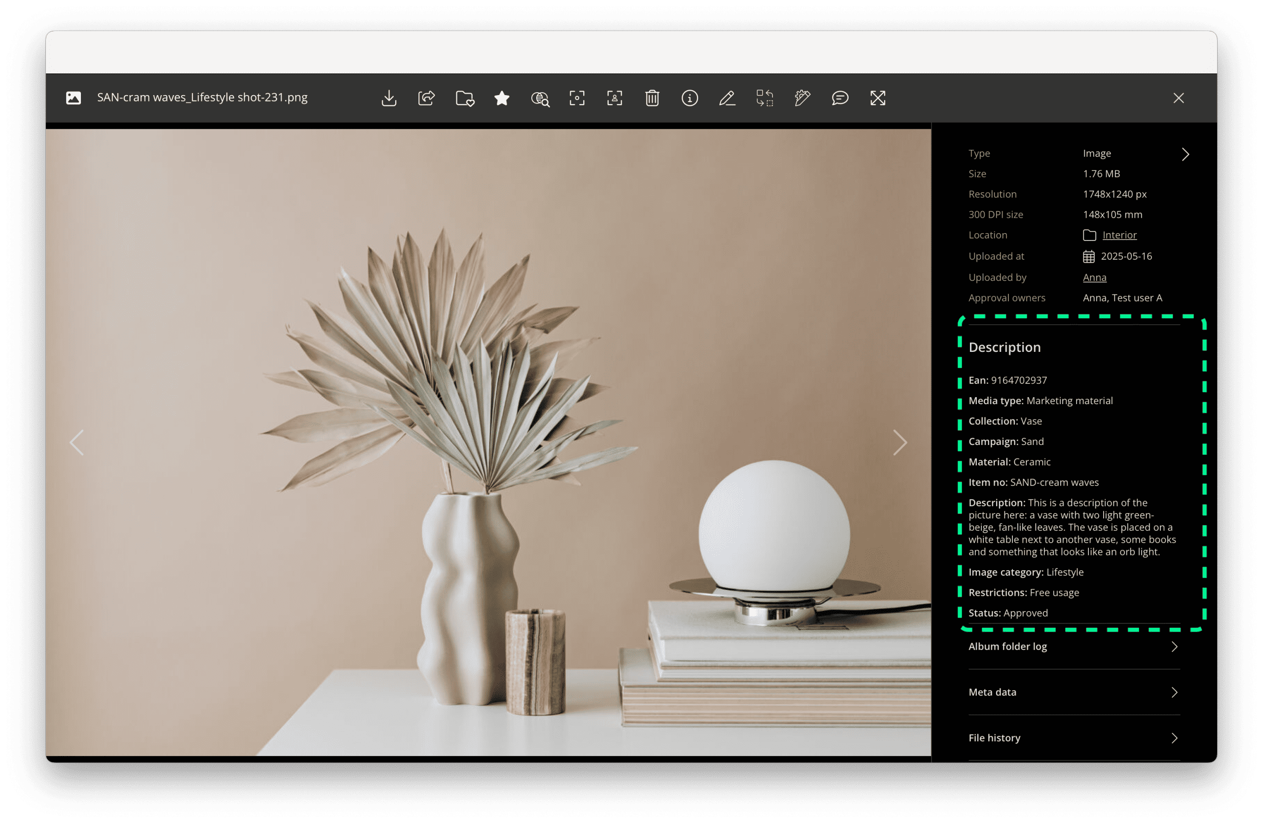 Kontainer DAM file data highlighted on a file in gallery view